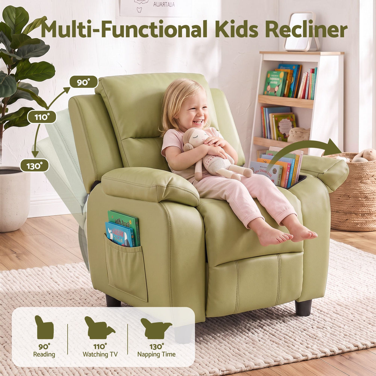 Kids Recliner Chair with Adjustable Backrest, Armrest Storage & Side Pockets - Green - Baby & Kids > Kid's Furniture > Kid's Tables, Chairs & Seats - Rivercity House & Home Co. (ABN 18 642 972 209) - Affordable Modern Furniture Australia