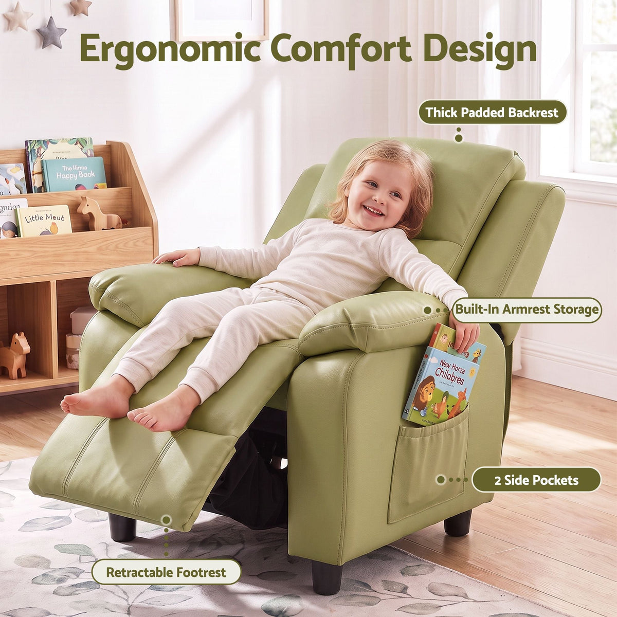 Kids Recliner Chair with Adjustable Backrest, Armrest Storage & Side Pockets - Green - Baby & Kids > Kid's Furniture > Kid's Tables, Chairs & Seats - Rivercity House & Home Co. (ABN 18 642 972 209) - Affordable Modern Furniture Australia