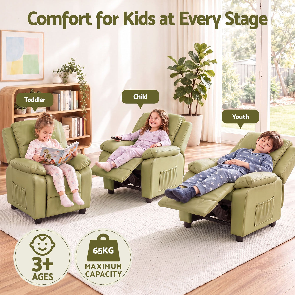 Kids Recliner Chair with Adjustable Backrest, Armrest Storage & Side Pockets - Green - Baby & Kids > Kid's Furniture > Kid's Tables, Chairs & Seats - Rivercity House & Home Co. (ABN 18 642 972 209) - Affordable Modern Furniture Australia