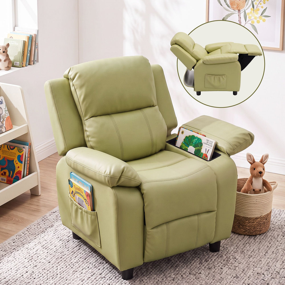 Kids Recliner Chair with Adjustable Backrest, Armrest Storage & Side Pockets - Green - Baby & Kids > Kid's Furniture > Kid's Tables, Chairs & Seats - Rivercity House & Home Co. (ABN 18 642 972 209) - Affordable Modern Furniture Australia