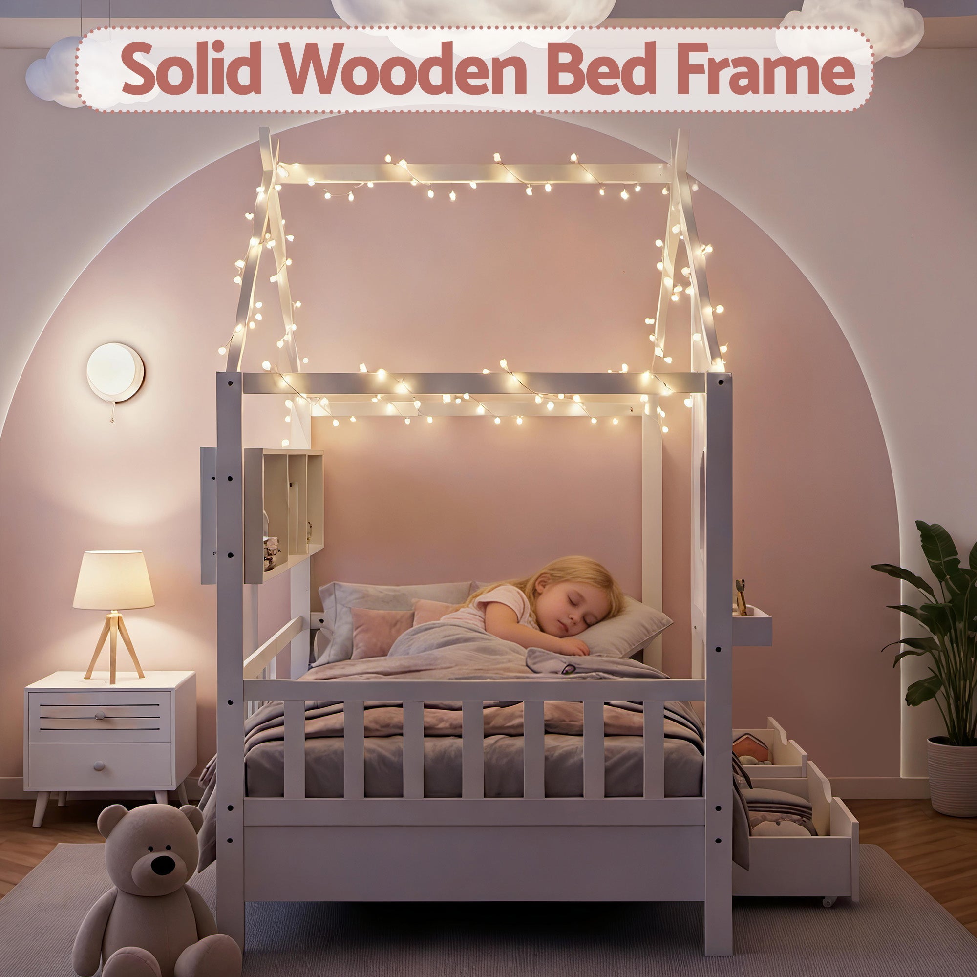 Kids Single Bed Frame with 3 - Compartment Bookcase & 2 Drawers Montessori House Design - White - Furniture > Bedroom > Beds & Bed Frames - Rivercity House & Home Co. (ABN 18 642 972 209) - Affordable Modern Furniture Australia