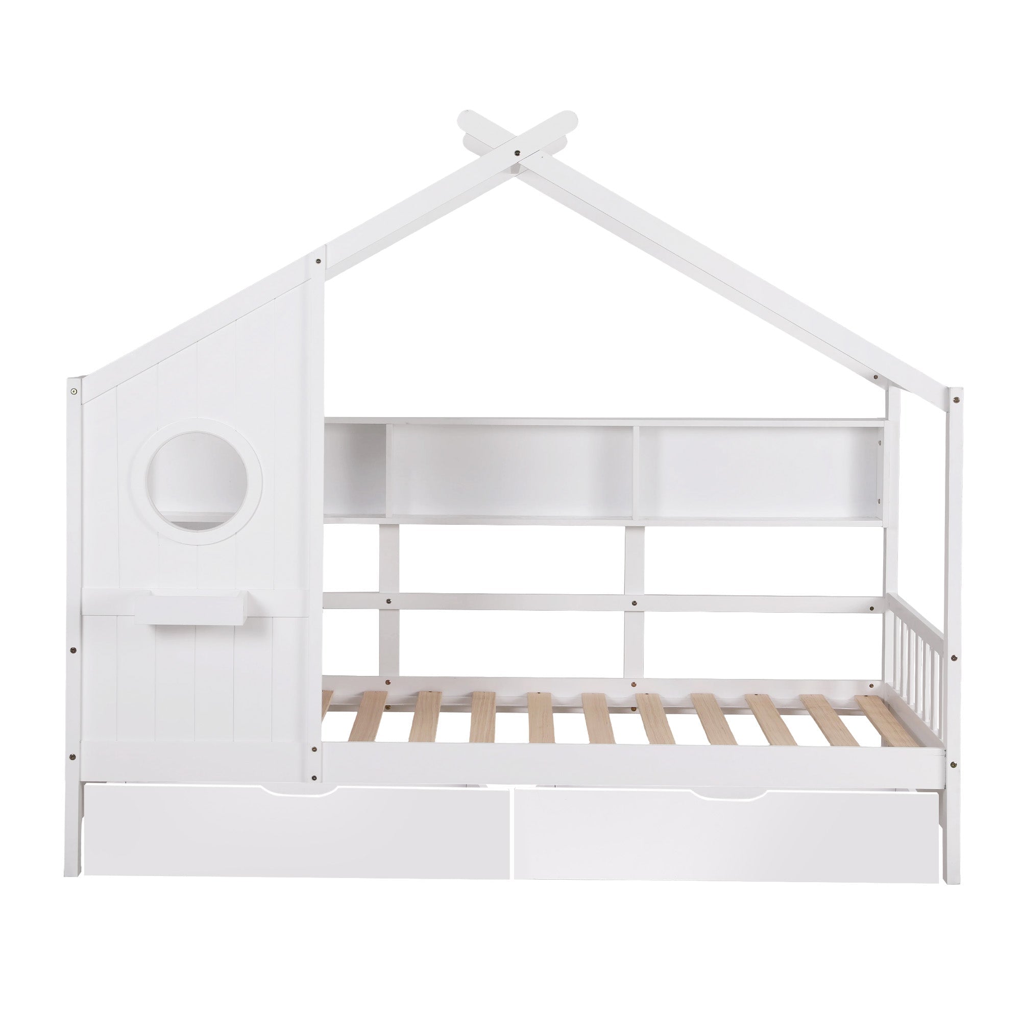 Kids Single Bed Frame with 3 - Compartment Bookcase & 2 Drawers Montessori House Design - White - Furniture > Bedroom > Beds & Bed Frames - Rivercity House & Home Co. (ABN 18 642 972 209) - Affordable Modern Furniture Australia