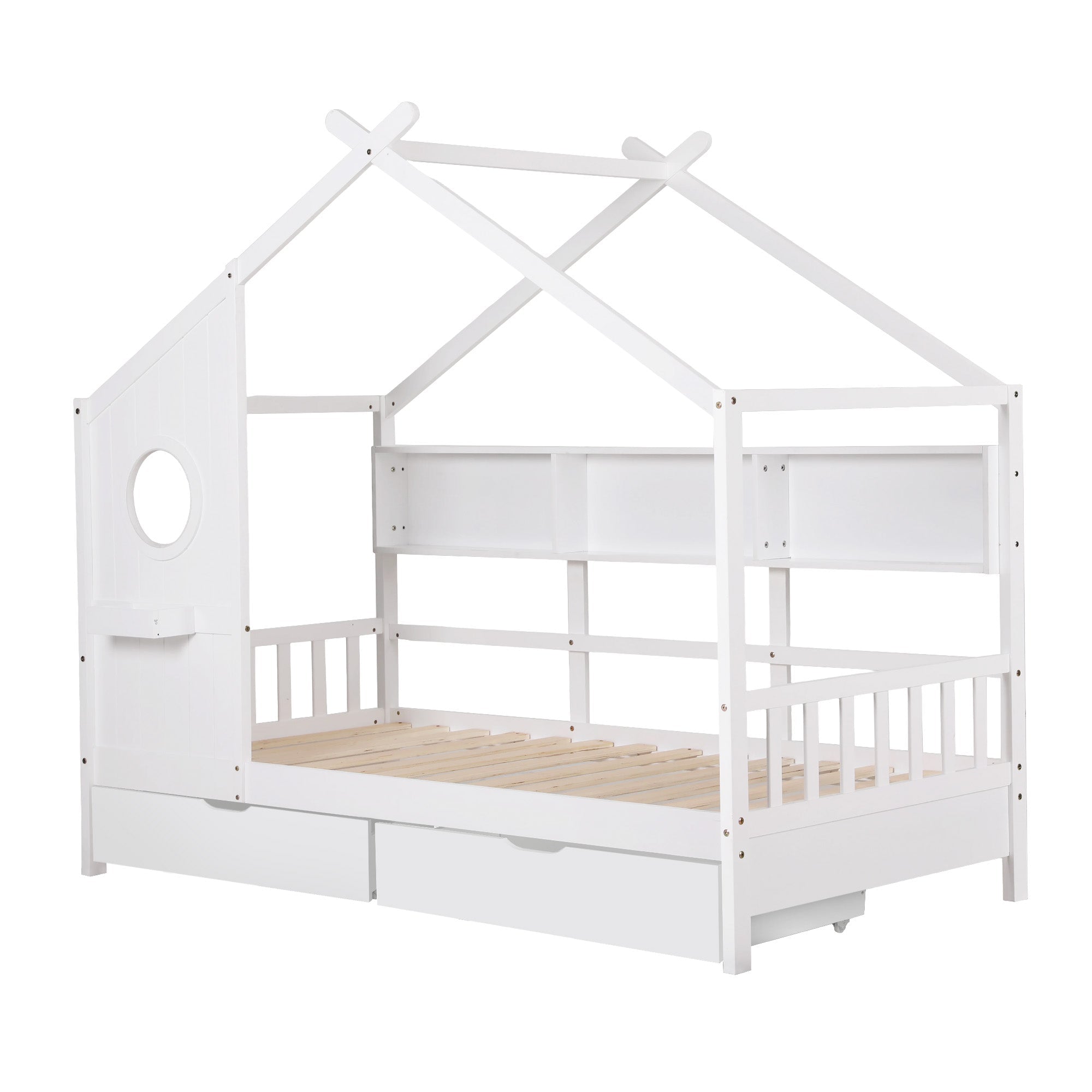 Kids Single Bed Frame with 3 - Compartment Bookcase & 2 Drawers Montessori House Design - White - Furniture > Bedroom > Beds & Bed Frames - Rivercity House & Home Co. (ABN 18 642 972 209) - Affordable Modern Furniture Australia