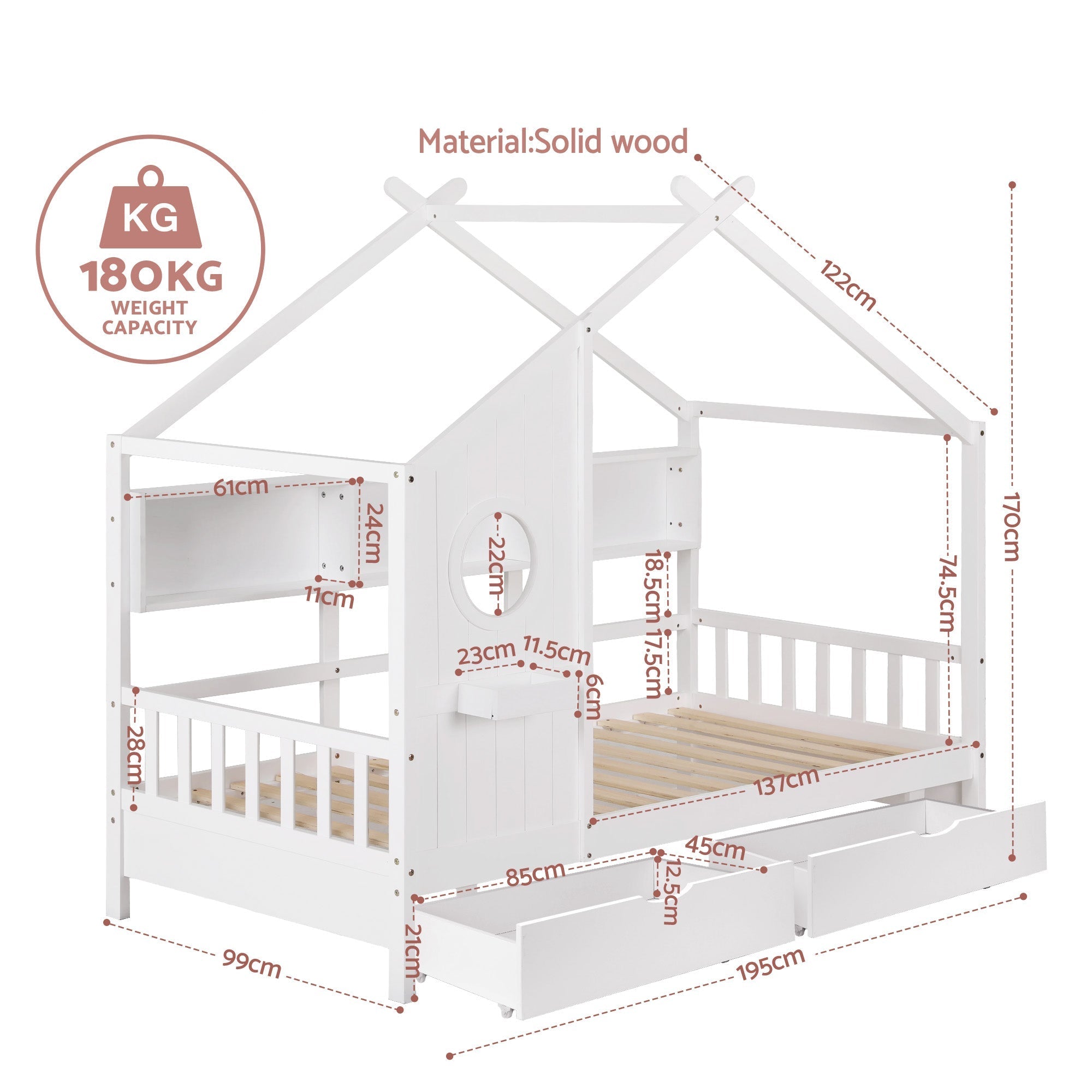 Kids Single Bed Frame with 3 - Compartment Bookcase & 2 Drawers Montessori House Design - White - Furniture > Bedroom > Beds & Bed Frames - Rivercity House & Home Co. (ABN 18 642 972 209) - Affordable Modern Furniture Australia