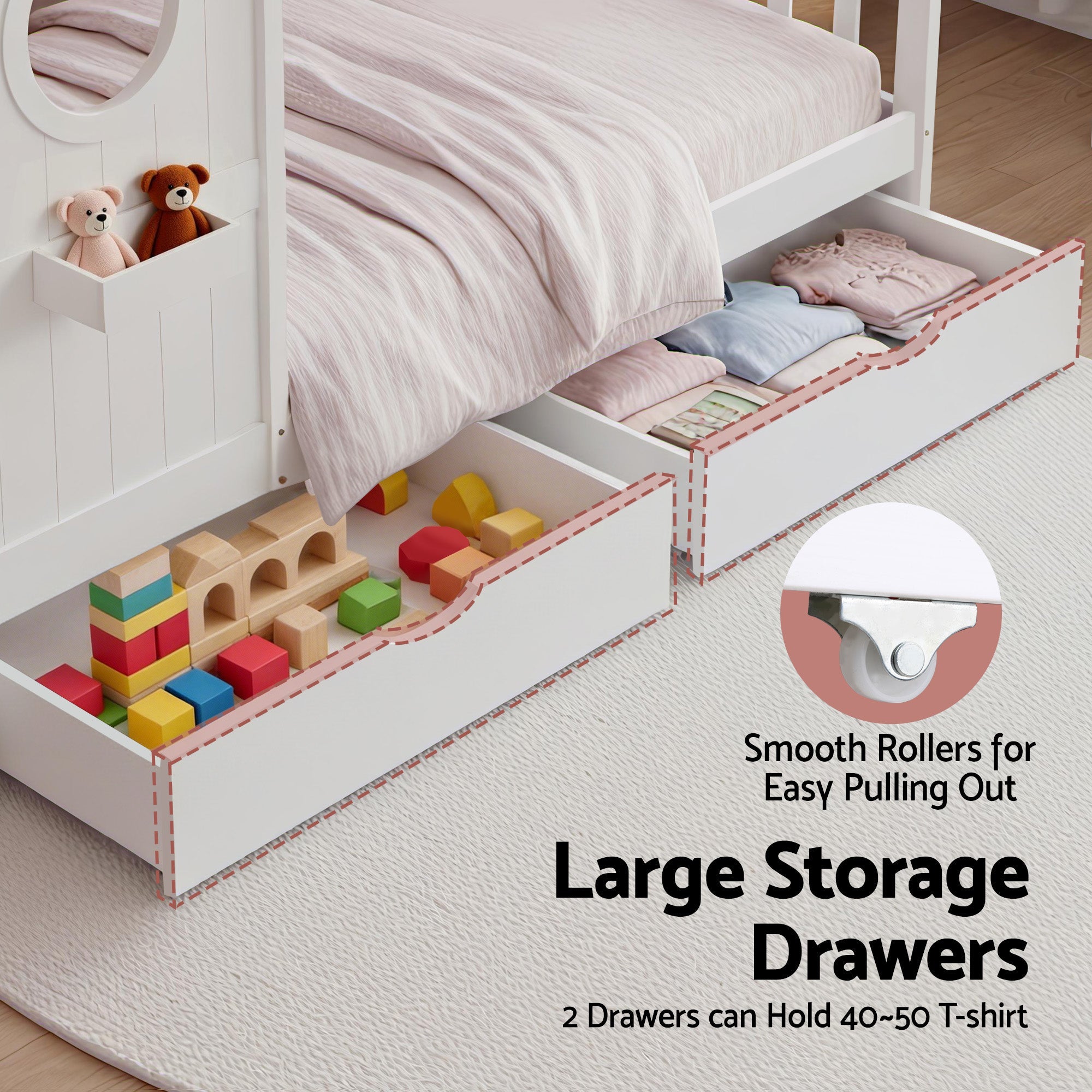 Kids Single Bed Frame with 3 - Compartment Bookcase & 2 Drawers Montessori House Design - White - Furniture > Bedroom > Beds & Bed Frames - Rivercity House & Home Co. (ABN 18 642 972 209) - Affordable Modern Furniture Australia