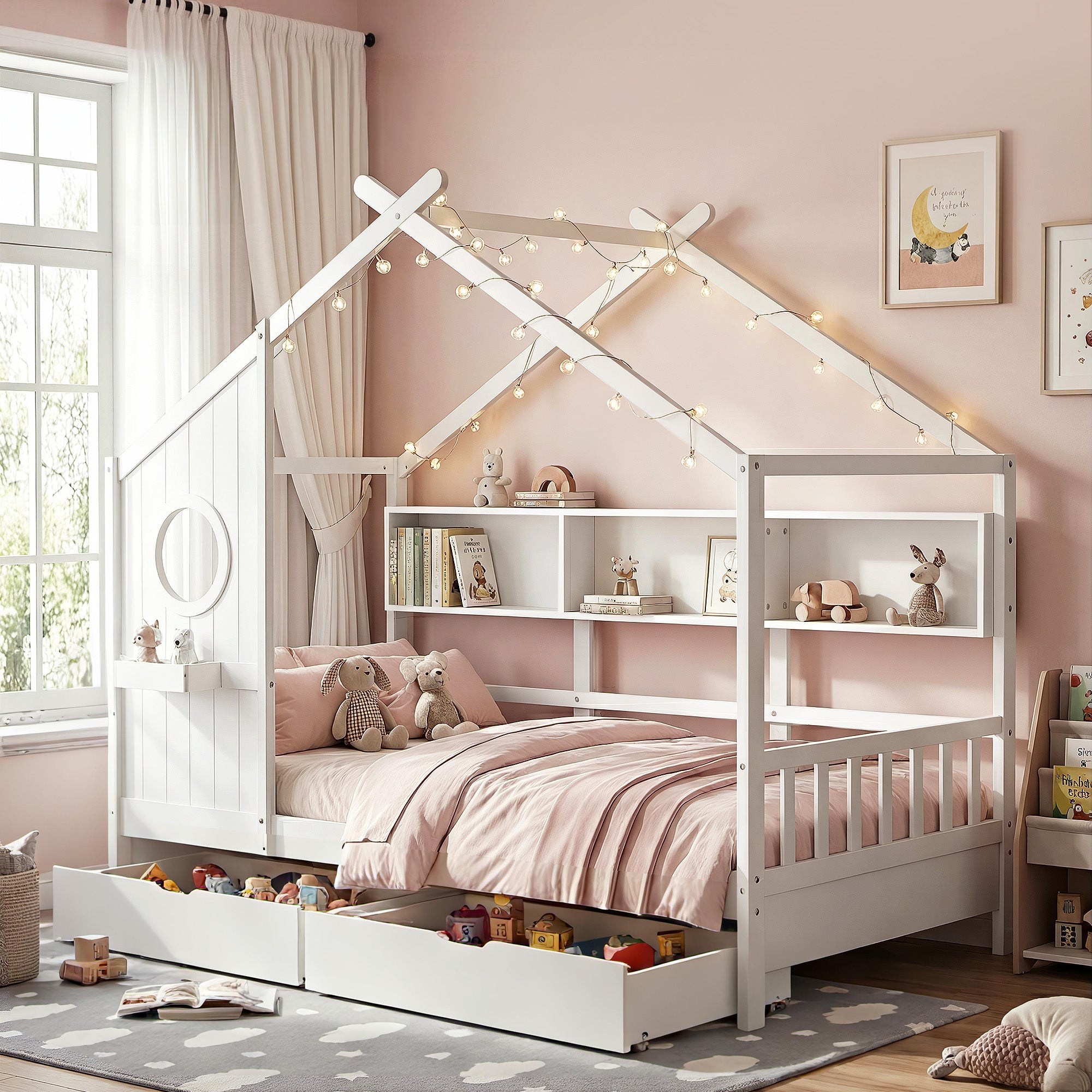 Kids Single Bed Frame with 3 - Compartment Bookcase & 2 Drawers Montessori House Design - White - Furniture > Bedroom > Beds & Bed Frames - Rivercity House & Home Co. (ABN 18 642 972 209) - Affordable Modern Furniture Australia