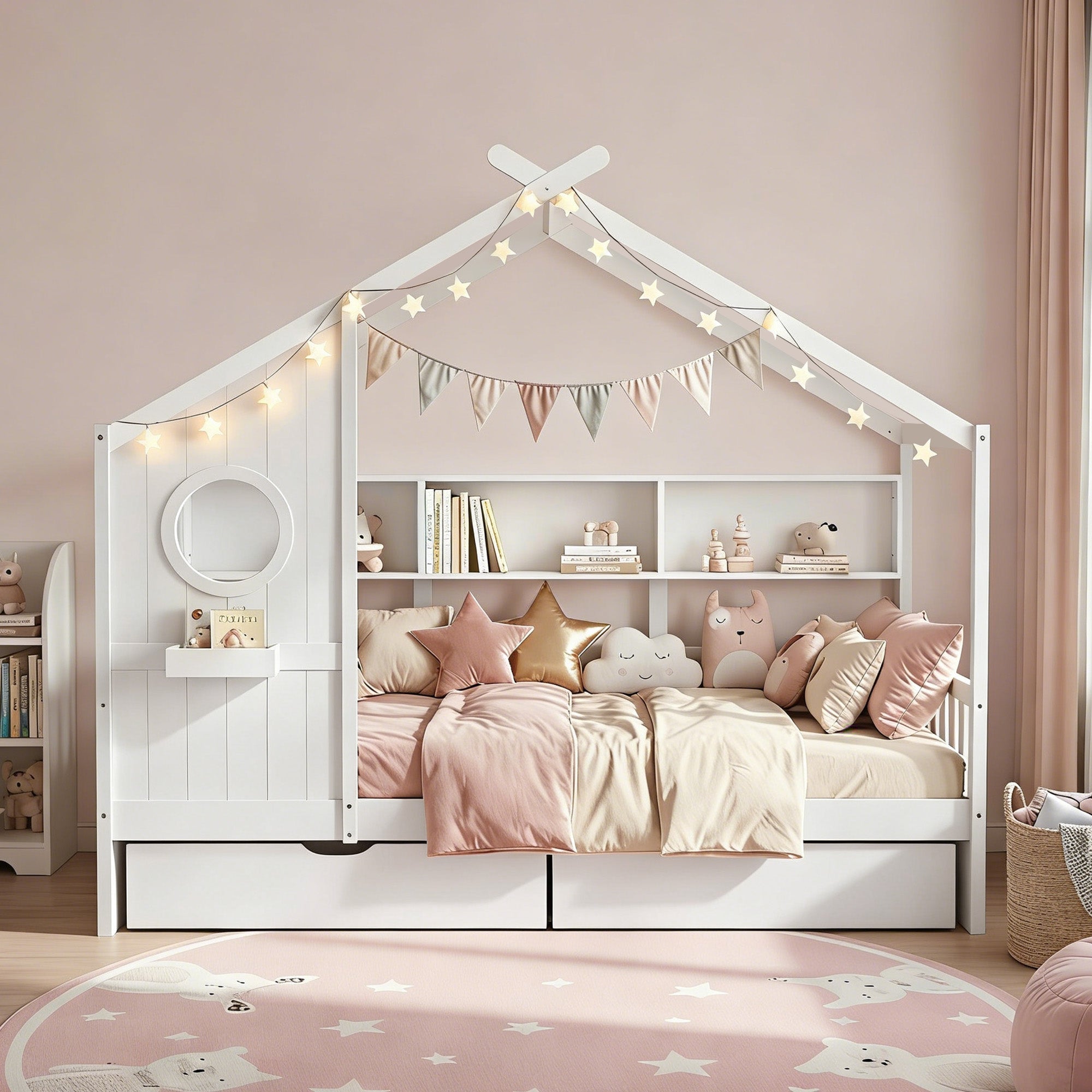 Kids Single Bed Frame with 3 - Compartment Bookcase & 2 Drawers Montessori House Design - White - Furniture > Bedroom > Beds & Bed Frames - Rivercity House & Home Co. (ABN 18 642 972 209) - Affordable Modern Furniture Australia