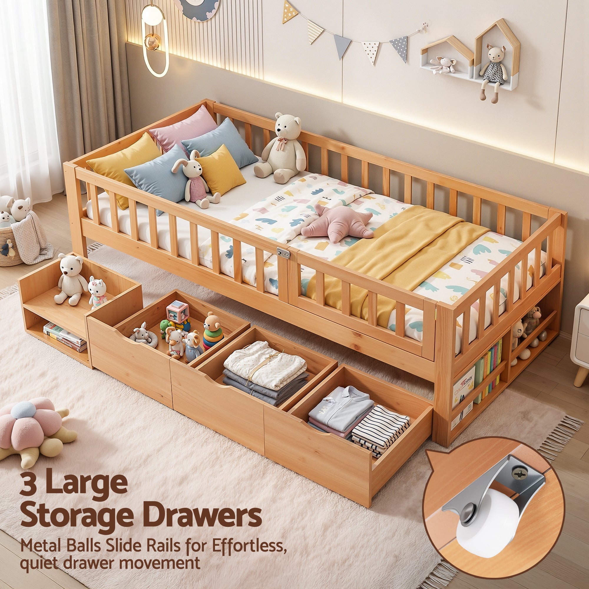 Kids Single Bed Frame with 3 Storage Drawer Montessori Bed for Toddler Natural - Furniture > Bedroom > Beds & Bed Frames - Rivercity House & Home Co. (ABN 18 642 972 209) - Affordable Modern Furniture Australia