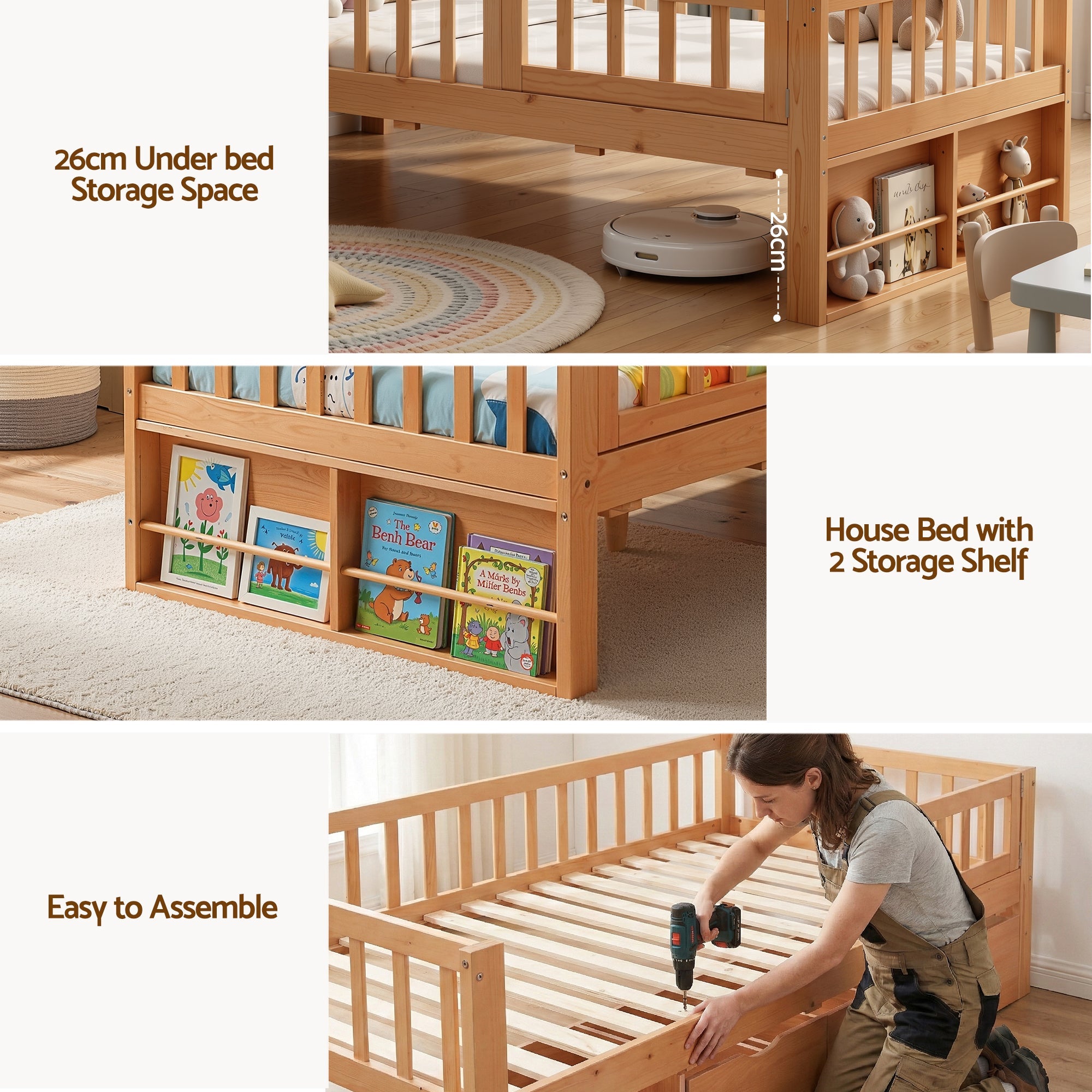 Kids Single Bed Frame with 3 Storage Drawer Montessori Bed for Toddler Natural - Furniture > Bedroom > Beds & Bed Frames - Rivercity House & Home Co. (ABN 18 642 972 209) - Affordable Modern Furniture Australia