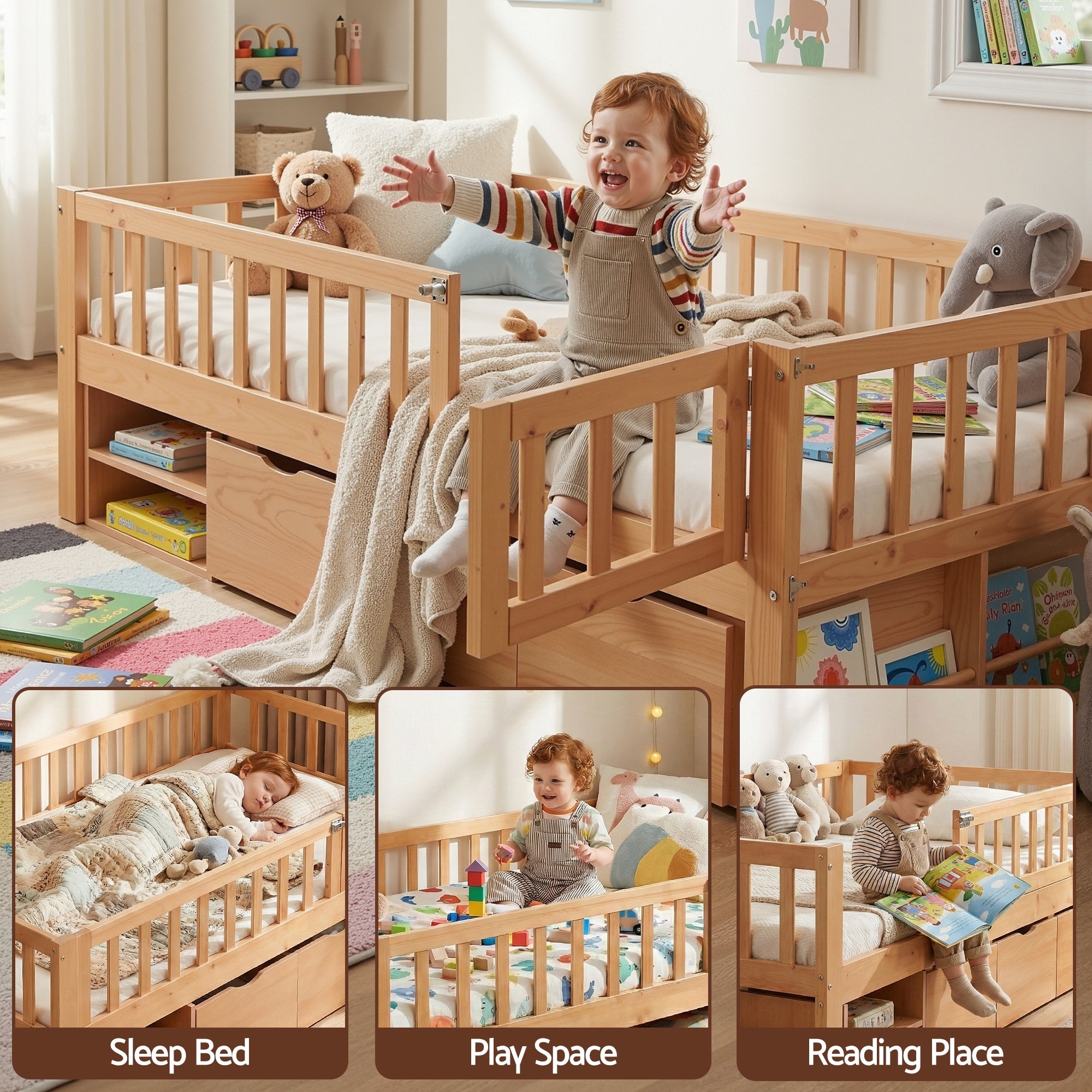 Kids Single Bed Frame with 3 Storage Drawer Montessori Bed for Toddler Natural - Furniture > Bedroom > Beds & Bed Frames - Rivercity House & Home Co. (ABN 18 642 972 209) - Affordable Modern Furniture Australia
