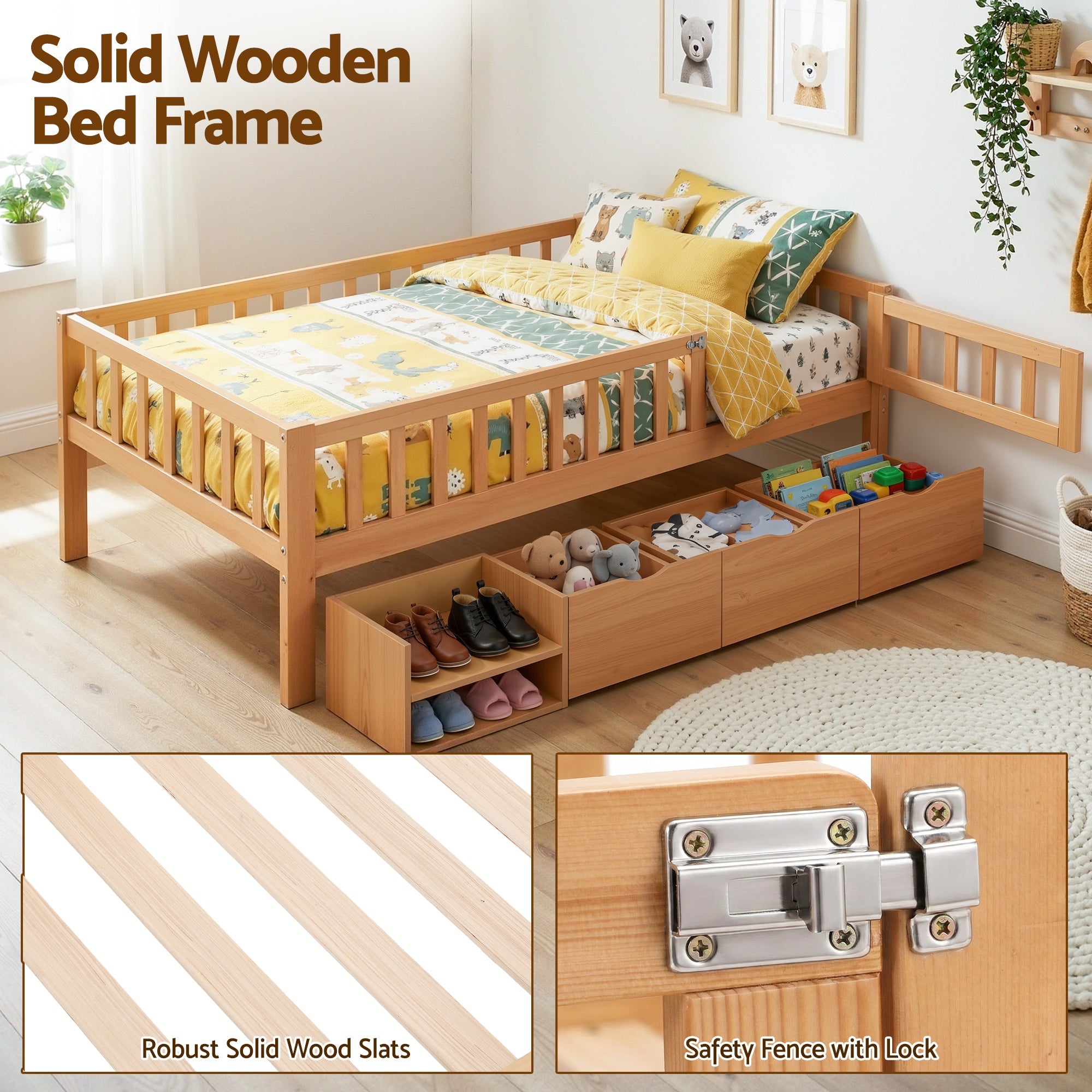Kids Single Bed Frame with 3 Storage Drawer Montessori Bed for Toddler Natural - Furniture > Bedroom > Beds & Bed Frames - Rivercity House & Home Co. (ABN 18 642 972 209) - Affordable Modern Furniture Australia
