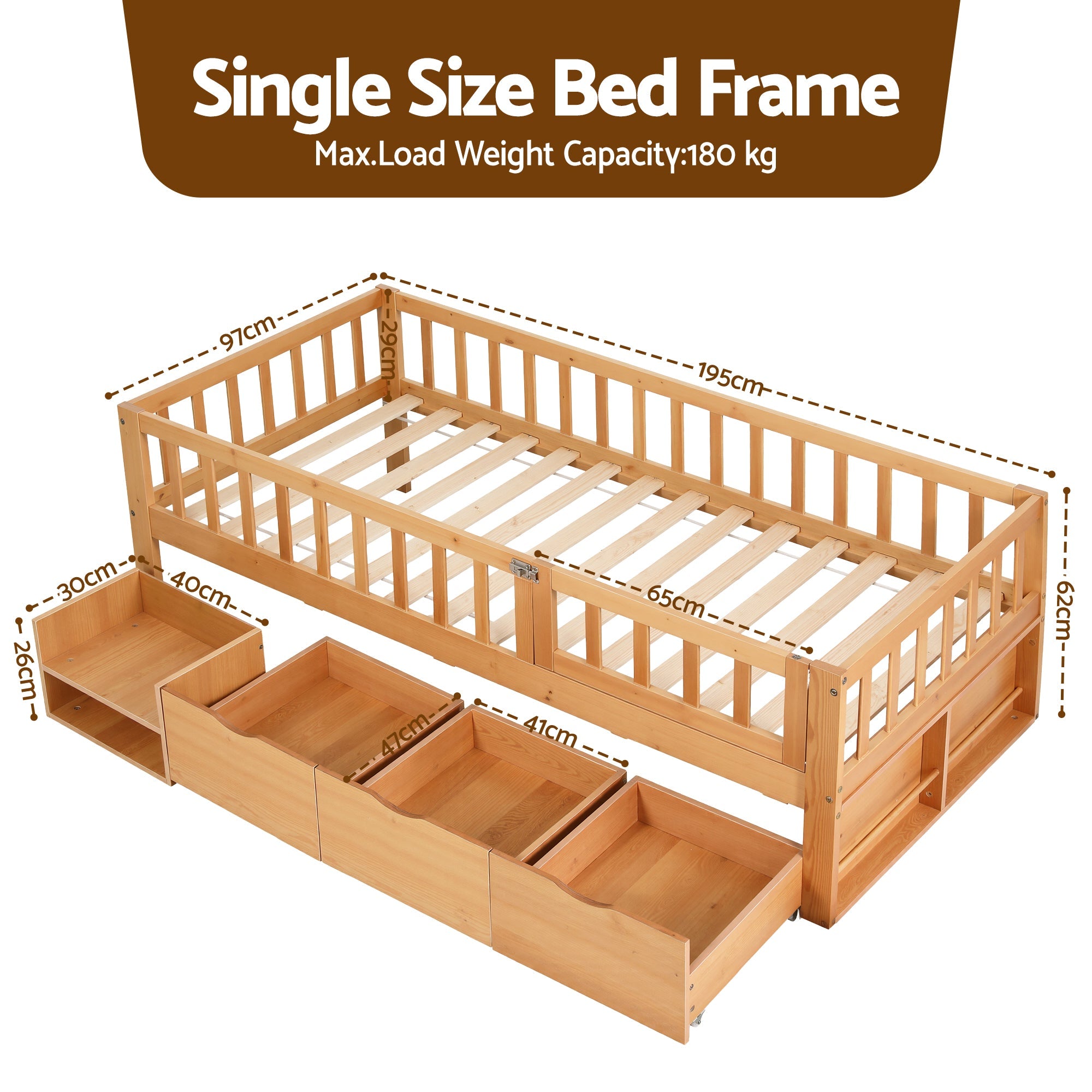 Kids Single Bed Frame with 3 Storage Drawer Montessori Bed for Toddler Natural - Furniture > Bedroom > Beds & Bed Frames - Rivercity House & Home Co. (ABN 18 642 972 209) - Affordable Modern Furniture Australia