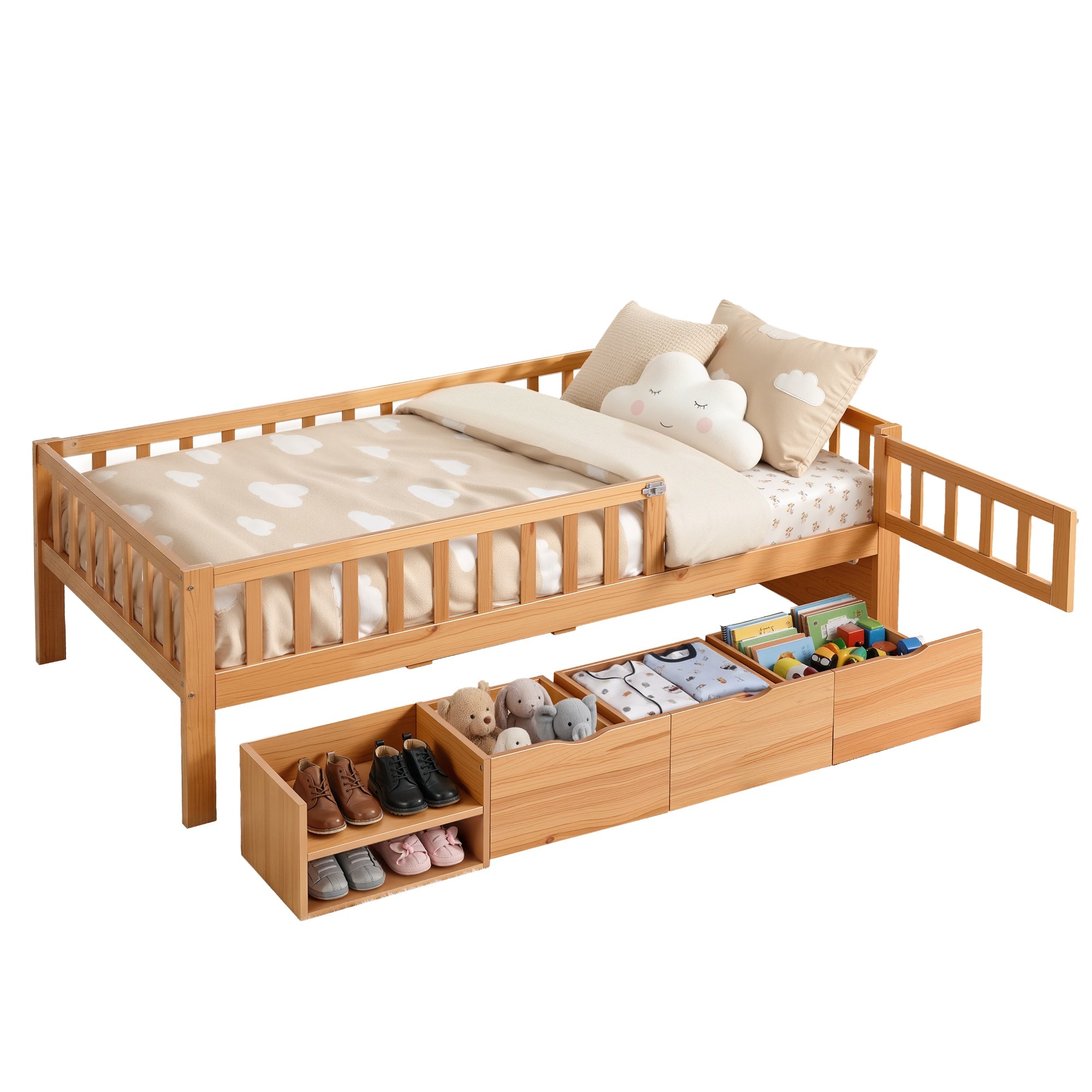 Kids Single Bed Frame with 3 Storage Drawer Montessori Bed for Toddler Natural - Furniture > Bedroom > Beds & Bed Frames - Rivercity House & Home Co. (ABN 18 642 972 209) - Affordable Modern Furniture Australia