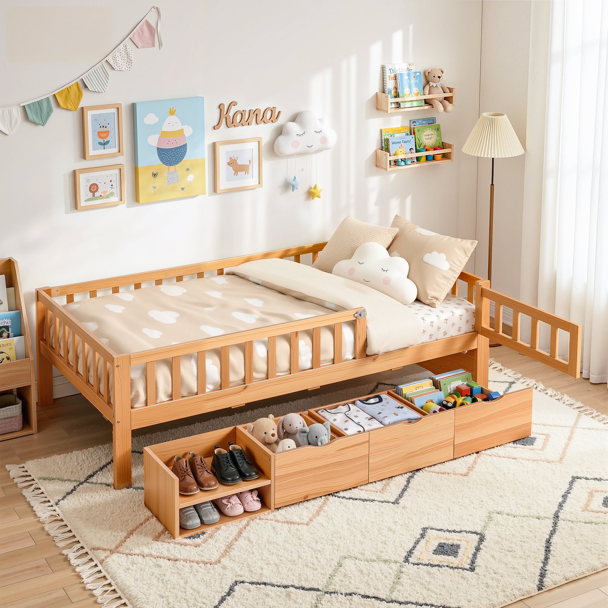 Kids Single Bed Frame with 3 Storage Drawer Montessori Bed for Toddler Natural - Furniture > Bedroom > Beds & Bed Frames - Rivercity House & Home Co. (ABN 18 642 972 209) - Affordable Modern Furniture Australia