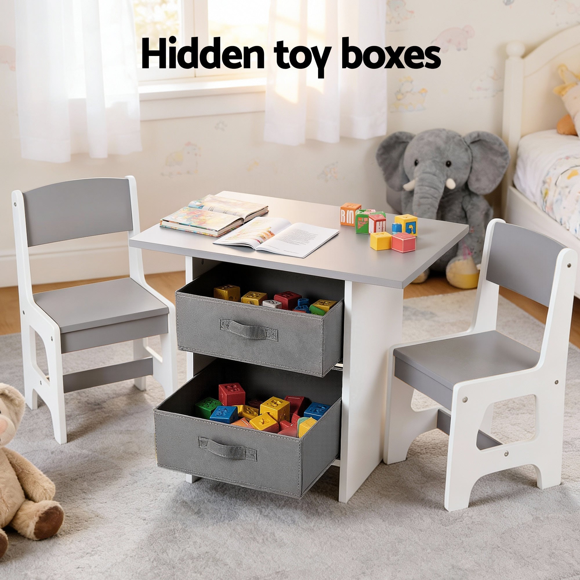 Kids Table and 2 Chairs Set Wooden Activity Table wit 2 Storage Drawers, Toddler Table and Chair Set for Children Drawing, Reading, Crafts, Eating, Grey - Baby & Kids > Kid's Furniture > Kid's Tables, Chairs & Seats - Rivercity House & Home Co. (ABN 18 642 972 209) - Affordable Modern Furniture Australia