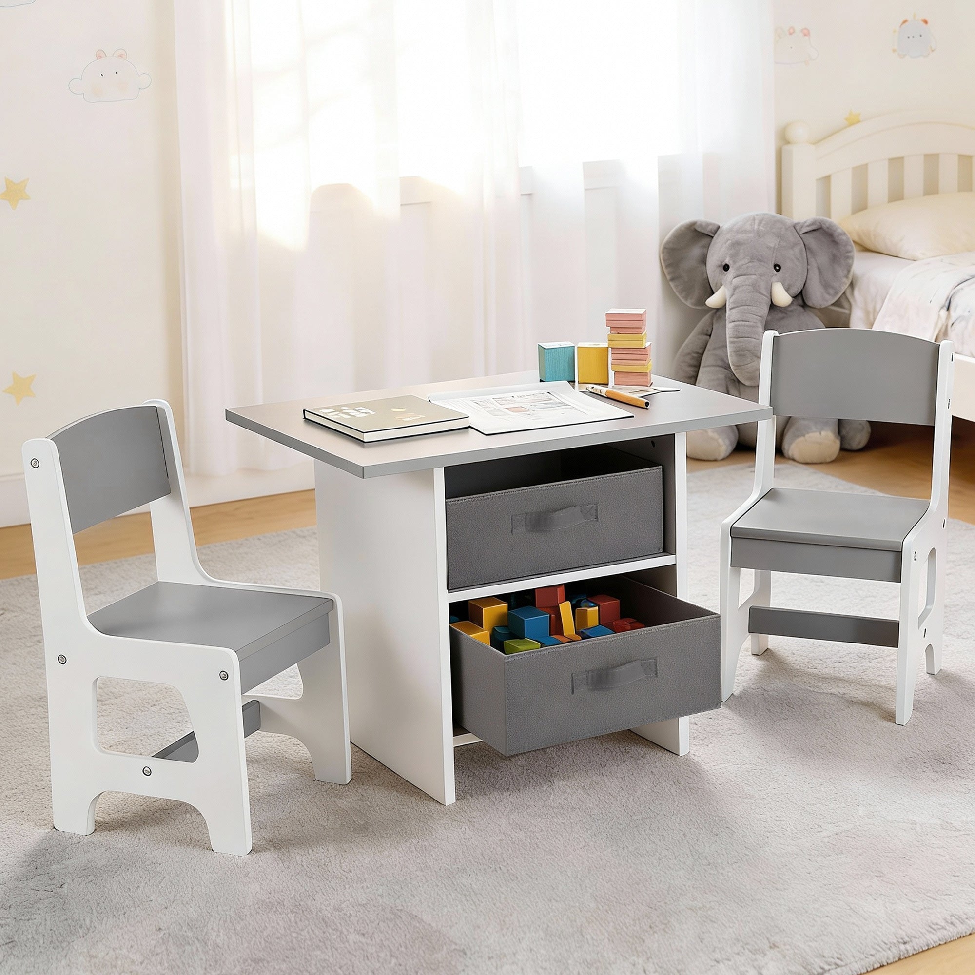 Kids Table and 2 Chairs Set Wooden Activity Table wit 2 Storage Drawers, Toddler Table and Chair Set for Children Drawing, Reading, Crafts, Eating, Grey - Baby & Kids > Kid's Furniture > Kid's Tables, Chairs & Seats - Rivercity House & Home Co. (ABN 18 642 972 209) - Affordable Modern Furniture Australia