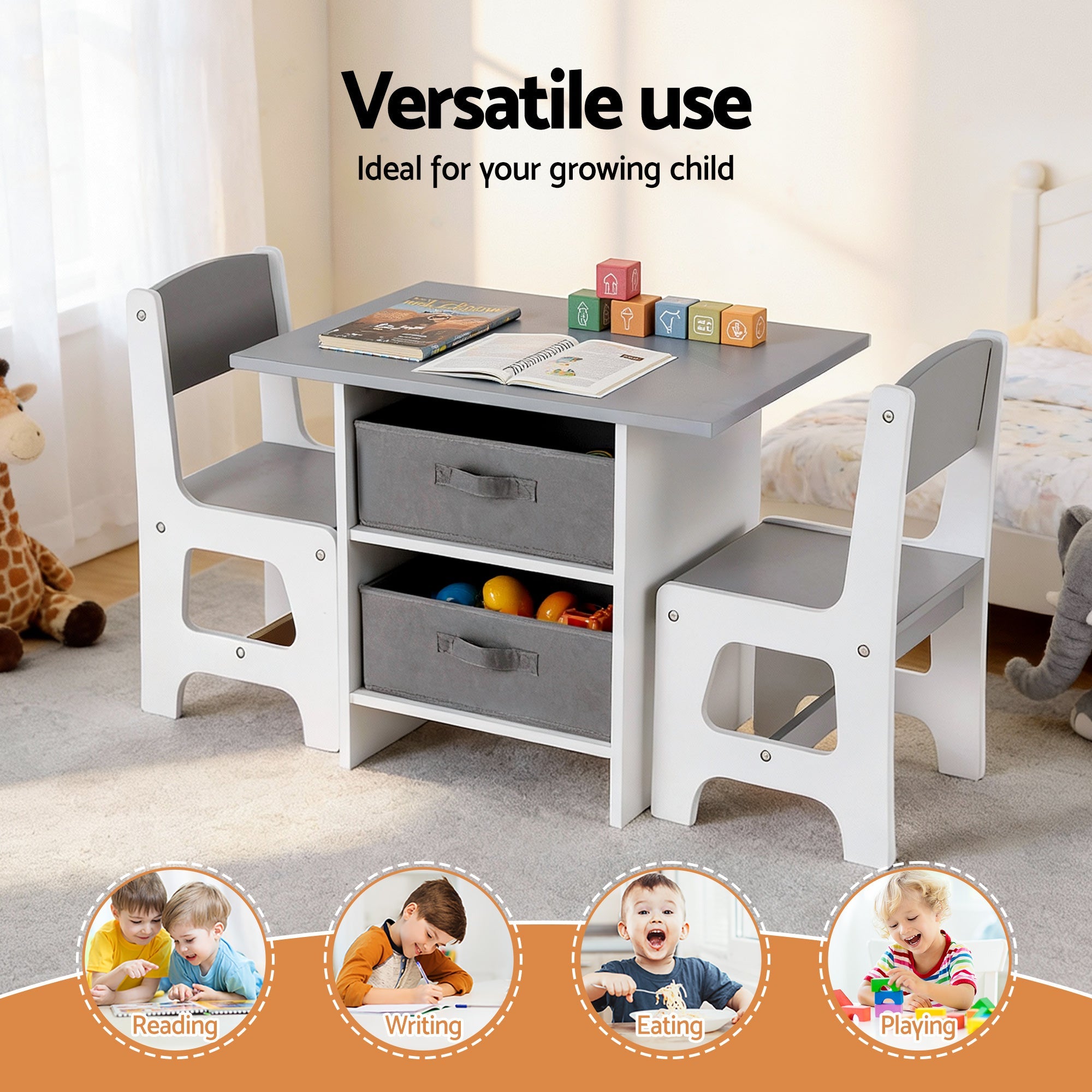 Kids Table and 2 Chairs Set Wooden Activity Table wit 2 Storage Drawers, Toddler Table and Chair Set for Children Drawing, Reading, Crafts, Eating, Grey - Baby & Kids > Kid's Furniture > Kid's Tables, Chairs & Seats - Rivercity House & Home Co. (ABN 18 642 972 209) - Affordable Modern Furniture Australia