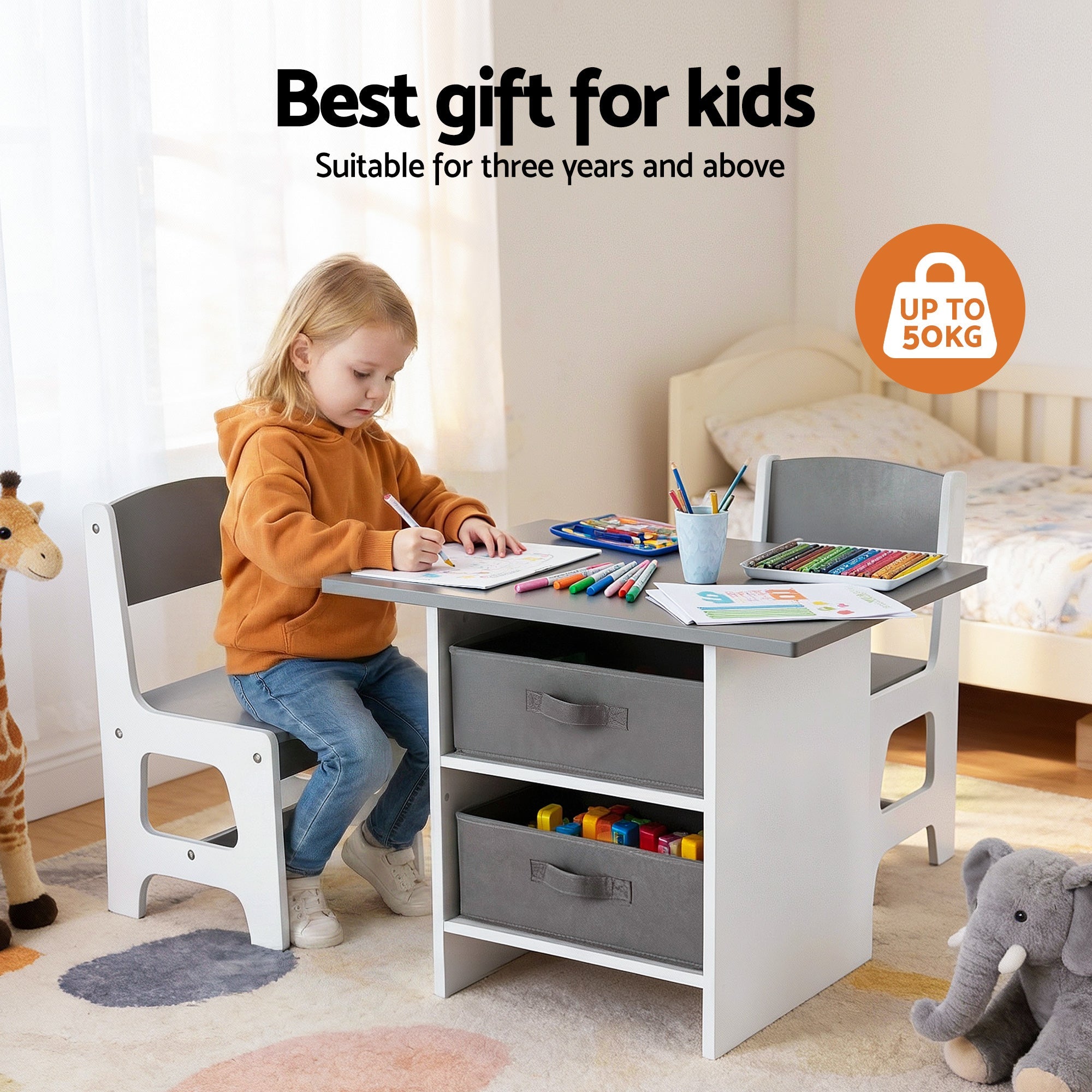 Kids Table and 2 Chairs Set Wooden Activity Table wit 2 Storage Drawers, Toddler Table and Chair Set for Children Drawing, Reading, Crafts, Eating, Grey - Baby & Kids > Kid's Furniture > Kid's Tables, Chairs & Seats - Rivercity House & Home Co. (ABN 18 642 972 209) - Affordable Modern Furniture Australia