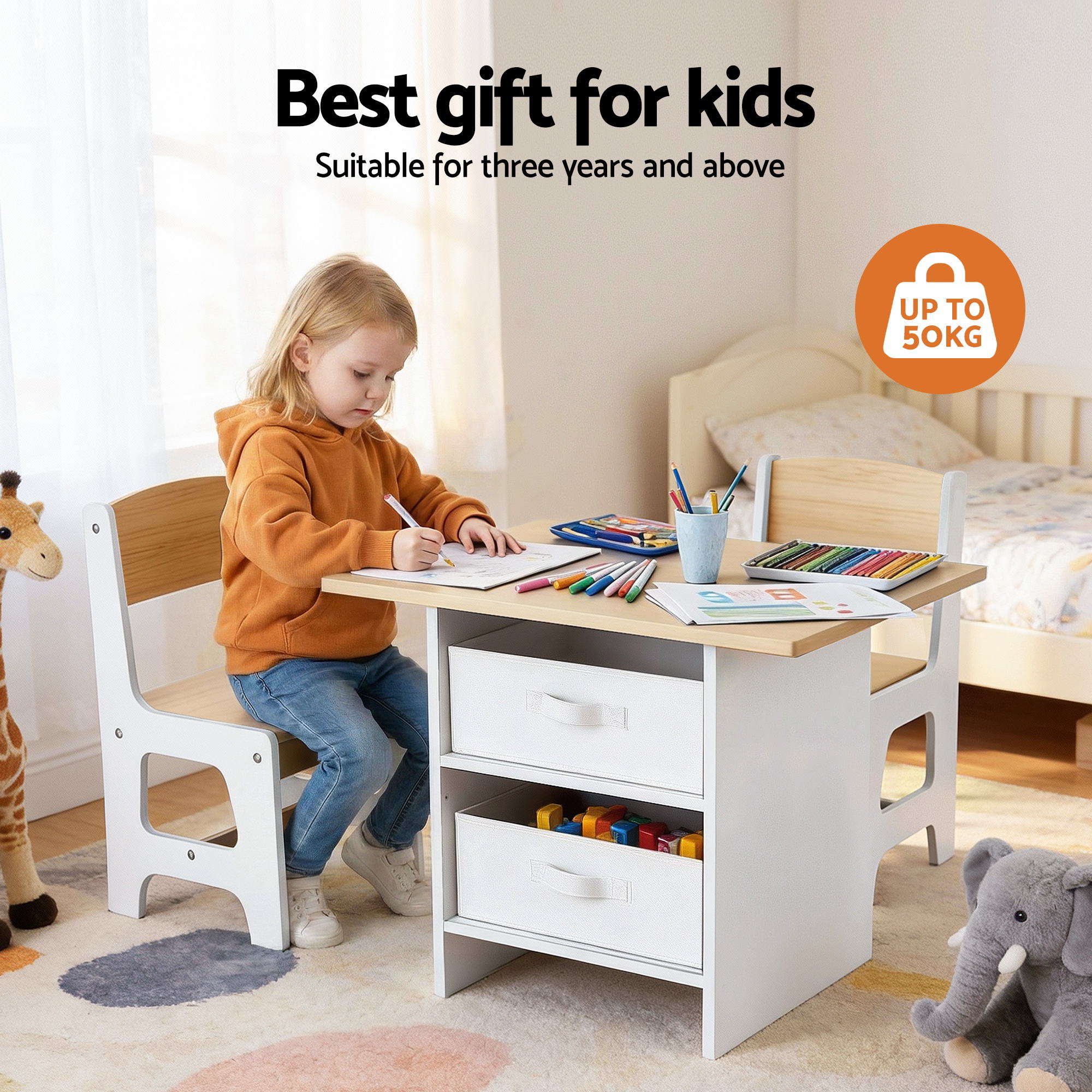 Kids Table and 2 Chairs Set Wooden Activity Table wit 2 Storage Drawers, Toddler Table and Chair Set for Children Drawing, Reading, Crafts, Eating, Natural - Baby & Kids > Kid's Furniture > Kid's Tables, Chairs & Seats - Rivercity House & Home Co. (ABN 18 642 972 209) - Affordable Modern Furniture Australia