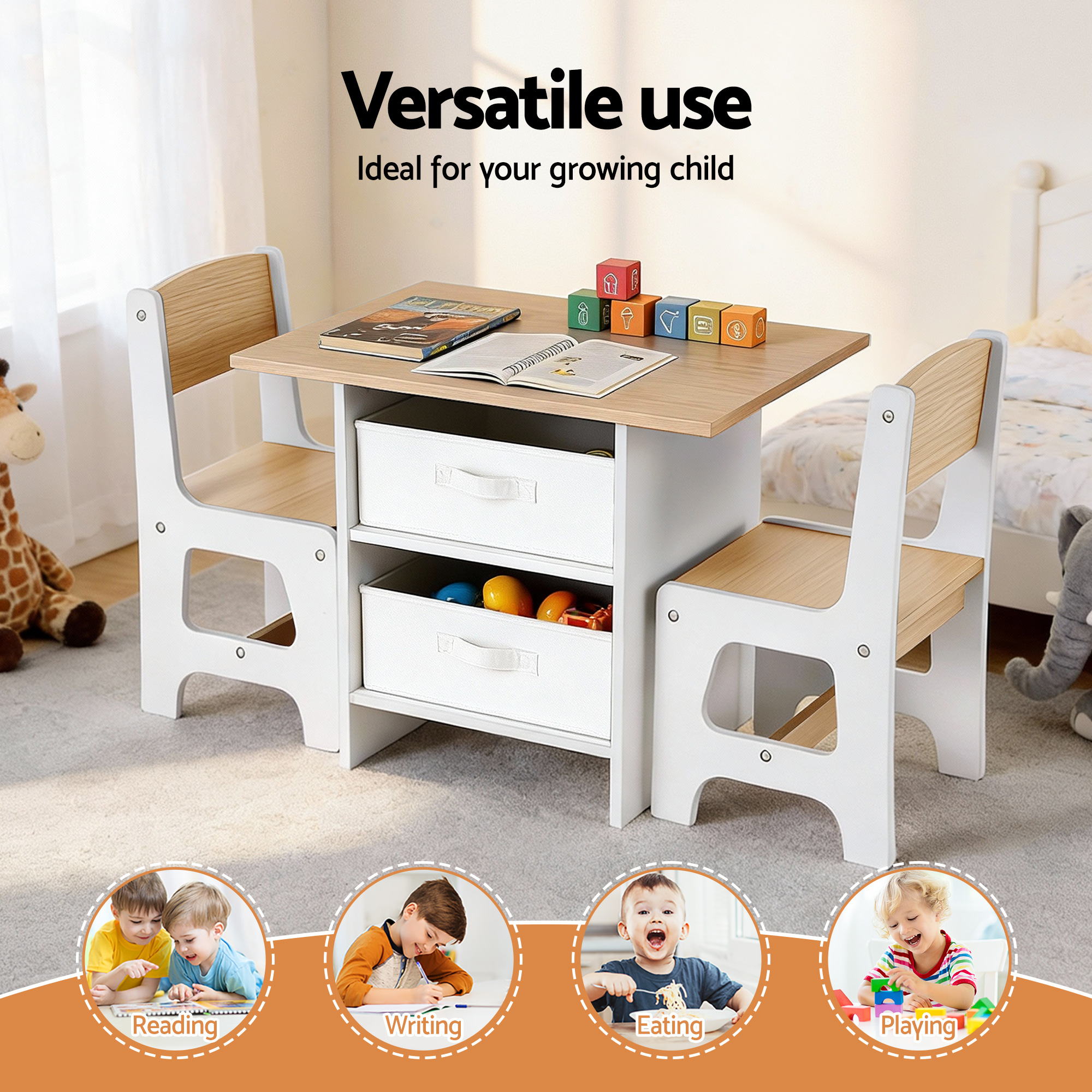 Kids Table and 2 Chairs Set Wooden Activity Table wit 2 Storage Drawers, Toddler Table and Chair Set for Children Drawing, Reading, Crafts, Eating, Natural - Baby & Kids > Kid's Furniture > Kid's Tables, Chairs & Seats - Rivercity House & Home Co. (ABN 18 642 972 209) - Affordable Modern Furniture Australia