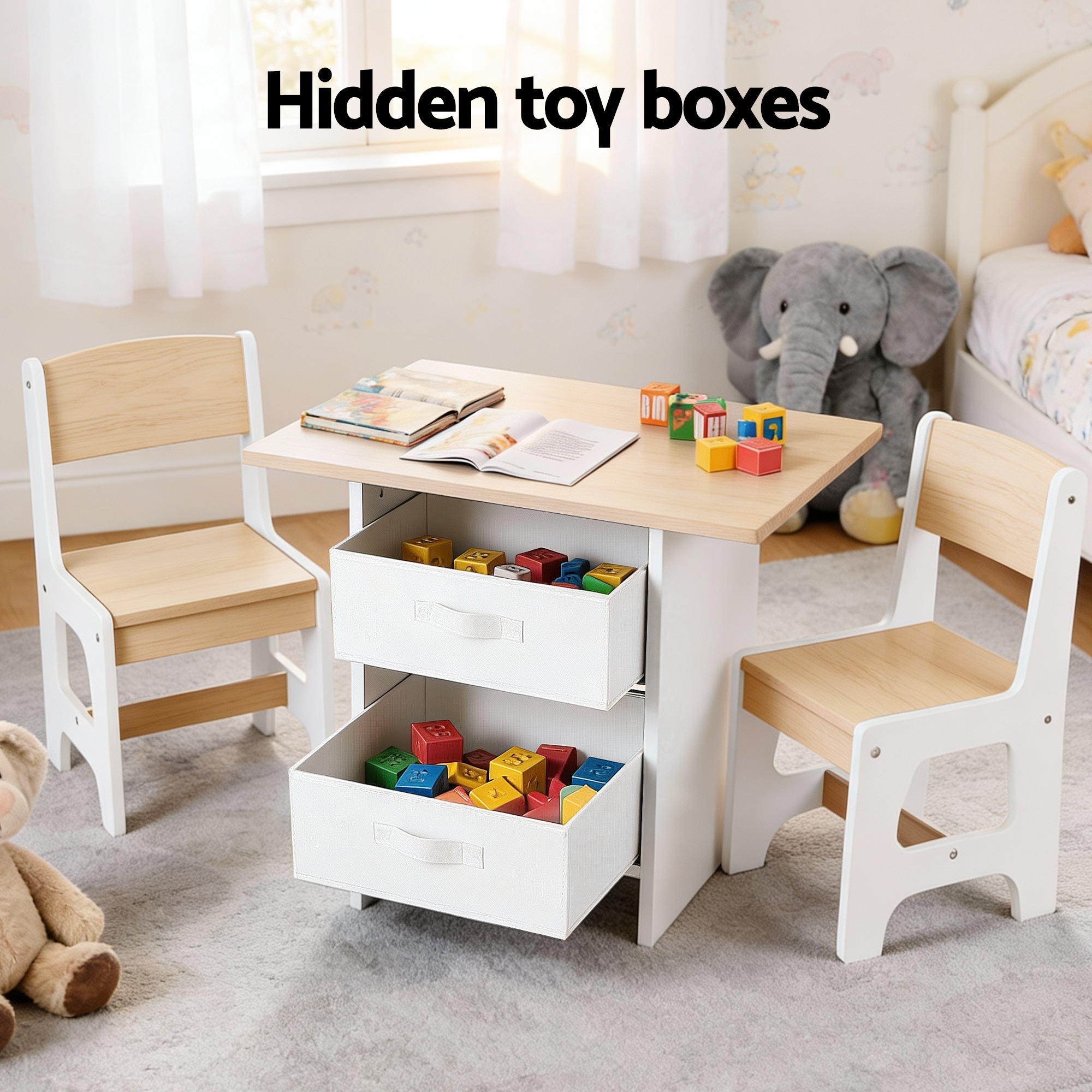 Kids Table and 2 Chairs Set Wooden Activity Table wit 2 Storage Drawers, Toddler Table and Chair Set for Children Drawing, Reading, Crafts, Eating, Natural - Baby & Kids > Kid's Furniture > Kid's Tables, Chairs & Seats - Rivercity House & Home Co. (ABN 18 642 972 209) - Affordable Modern Furniture Australia
