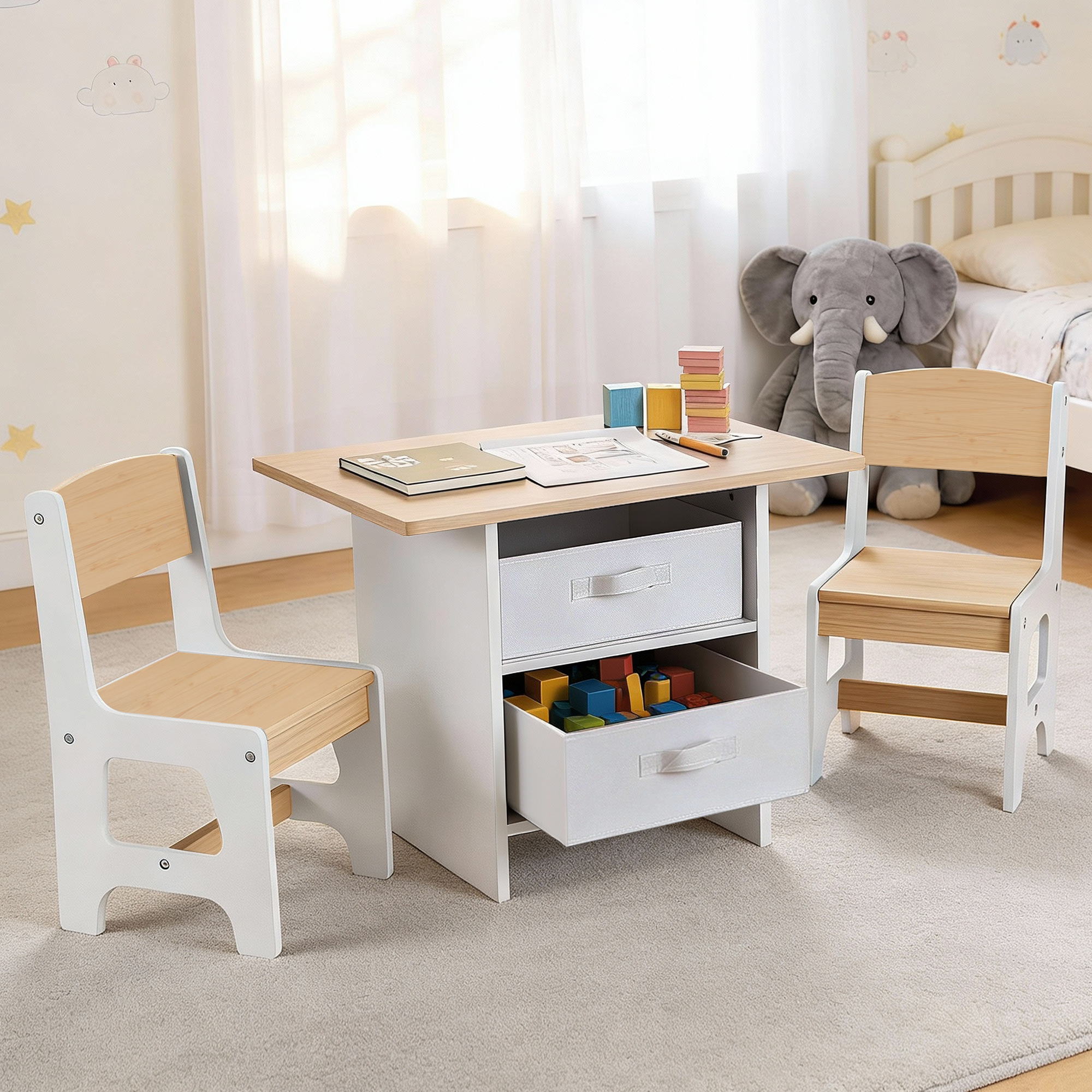 Kids Table and 2 Chairs Set Wooden Activity Table wit 2 Storage Drawers, Toddler Table and Chair Set for Children Drawing, Reading, Crafts, Eating, Natural - Baby & Kids > Kid's Furniture > Kid's Tables, Chairs & Seats - Rivercity House & Home Co. (ABN 18 642 972 209) - Affordable Modern Furniture Australia
