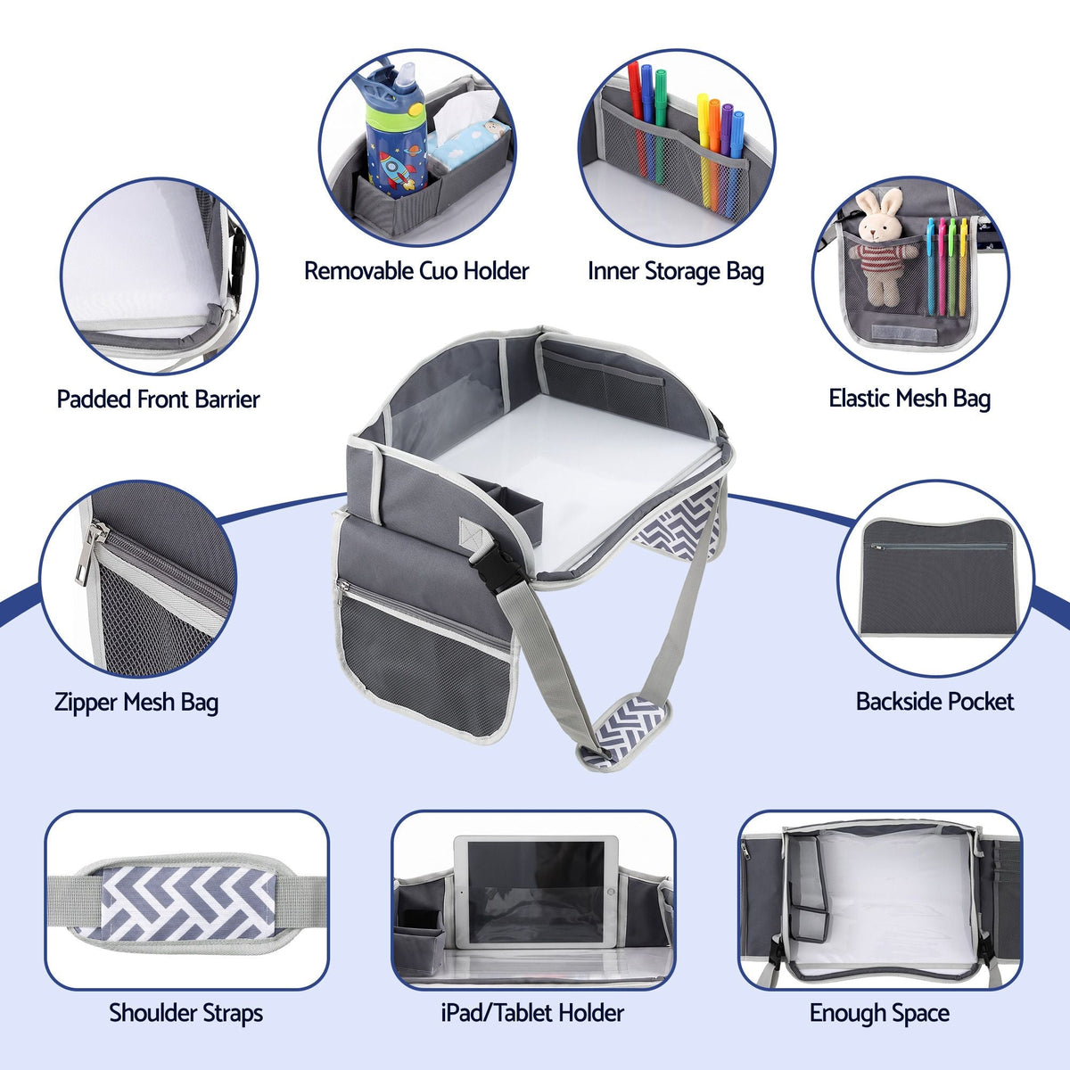 Kids Travel Tray Car Seat Lap Desk Portable Organiser for Car & Airplane - Grey - Baby & Kids > Kid's Furniture > Kid's Desks - Rivercity House & Home Co. (ABN 18 642 972 209) - Affordable Modern Furniture Australia