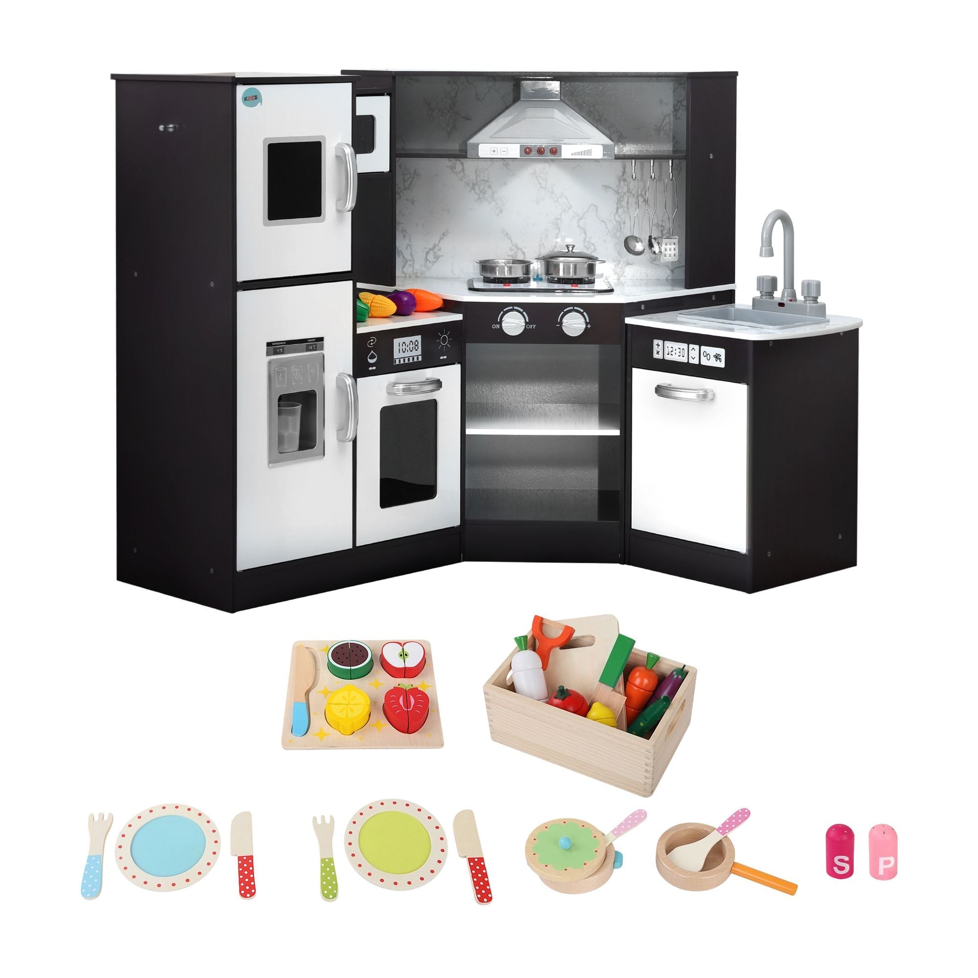 Kids Wooden Corner Kitchen Playset with 29-Piece Food Set - Black White - Baby & Kids > Baby & Kid's Toys > Pretend Play - Rivercity House & Home Co. (ABN 18 642 972 209) - Affordable Modern Furniture Australia