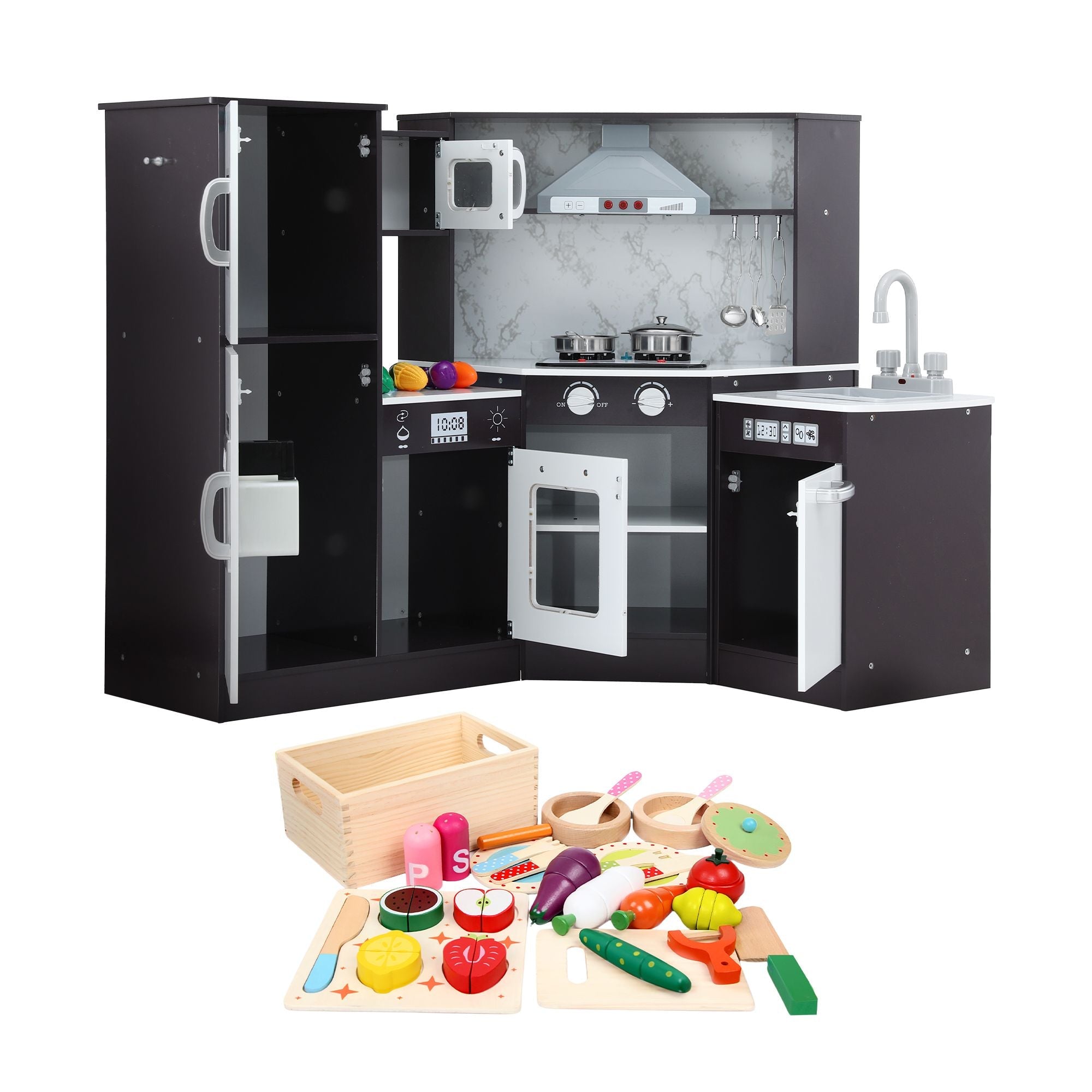 Kids Wooden Corner Kitchen Playset with 29-Piece Food Set - Black White - Baby & Kids > Baby & Kid's Toys > Pretend Play - Rivercity House & Home Co. (ABN 18 642 972 209) - Affordable Modern Furniture Australia