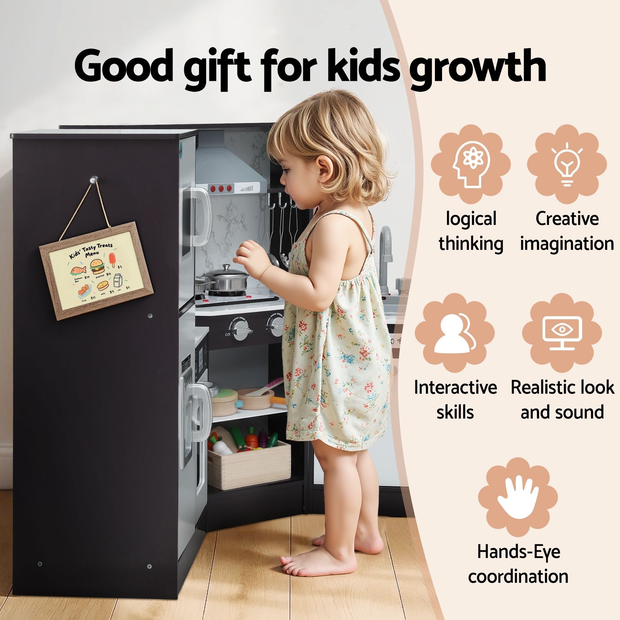 Kids Wooden Corner Kitchen Playset with 29-Piece Food Set - Black White - Baby & Kids > Baby & Kid's Toys > Pretend Play - Rivercity House & Home Co. (ABN 18 642 972 209) - Affordable Modern Furniture Australia