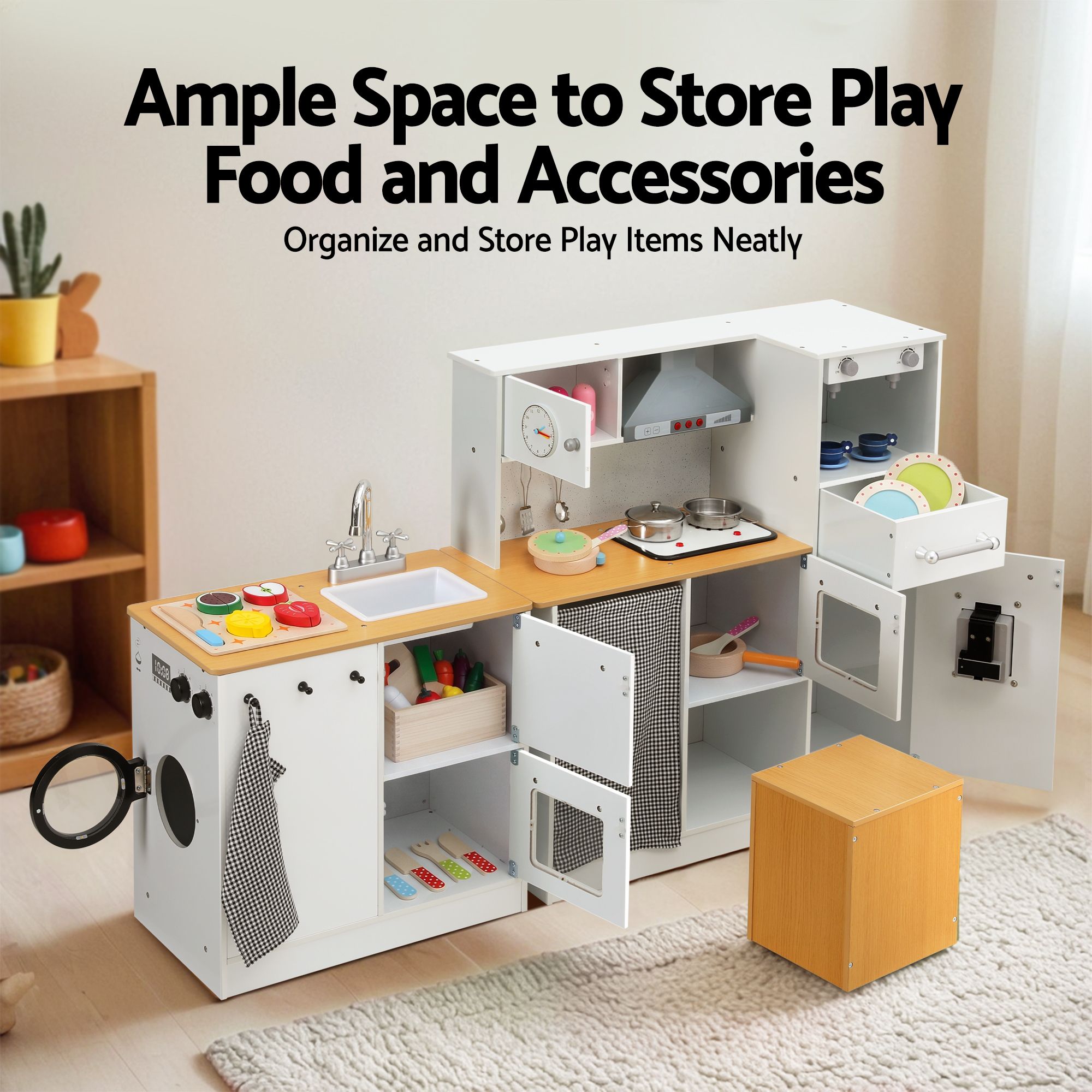 Kids Wooden Kitchen Playset 2-Piece with 29-Piece Food Set - Natural White - Baby & Kids > Baby & Kid's Toys > Pretend Play - Rivercity House & Home Co. (ABN 18 642 972 209) - Affordable Modern Furniture Australia