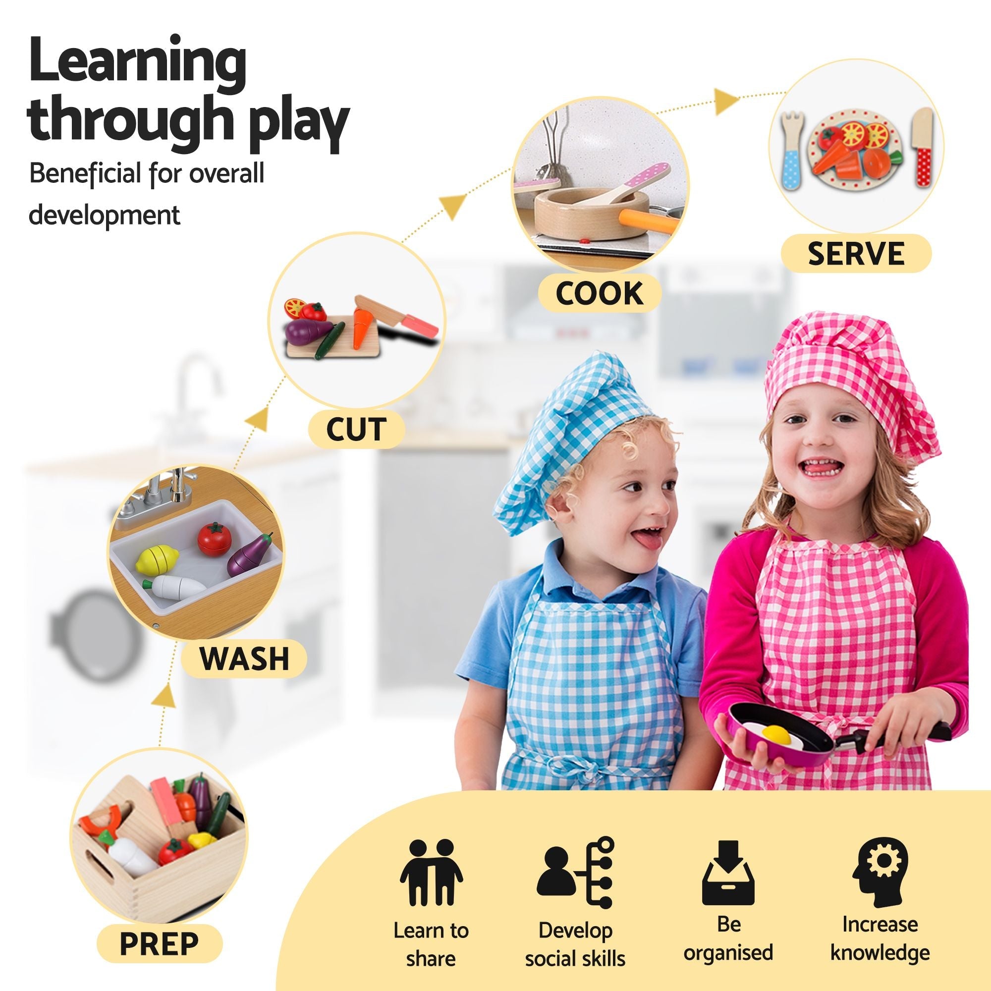 Kids Wooden Kitchen Playset 2-Piece with 29-Piece Food Set - Natural White - Baby & Kids > Baby & Kid's Toys > Pretend Play - Rivercity House & Home Co. (ABN 18 642 972 209) - Affordable Modern Furniture Australia
