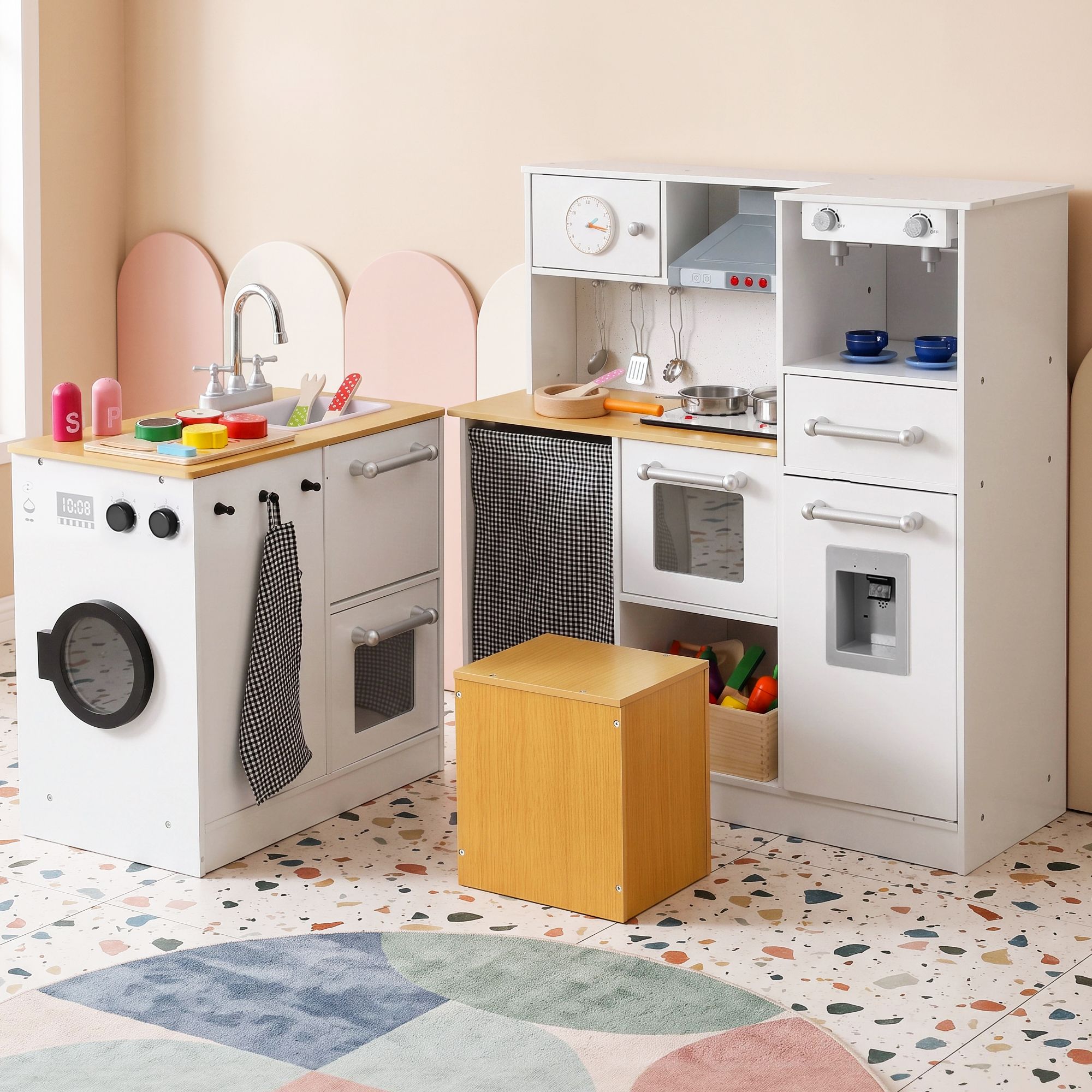Kids Wooden Kitchen Playset 2-Piece with 29-Piece Food Set - Natural White - Baby & Kids > Baby & Kid's Toys > Pretend Play - Rivercity House & Home Co. (ABN 18 642 972 209) - Affordable Modern Furniture Australia