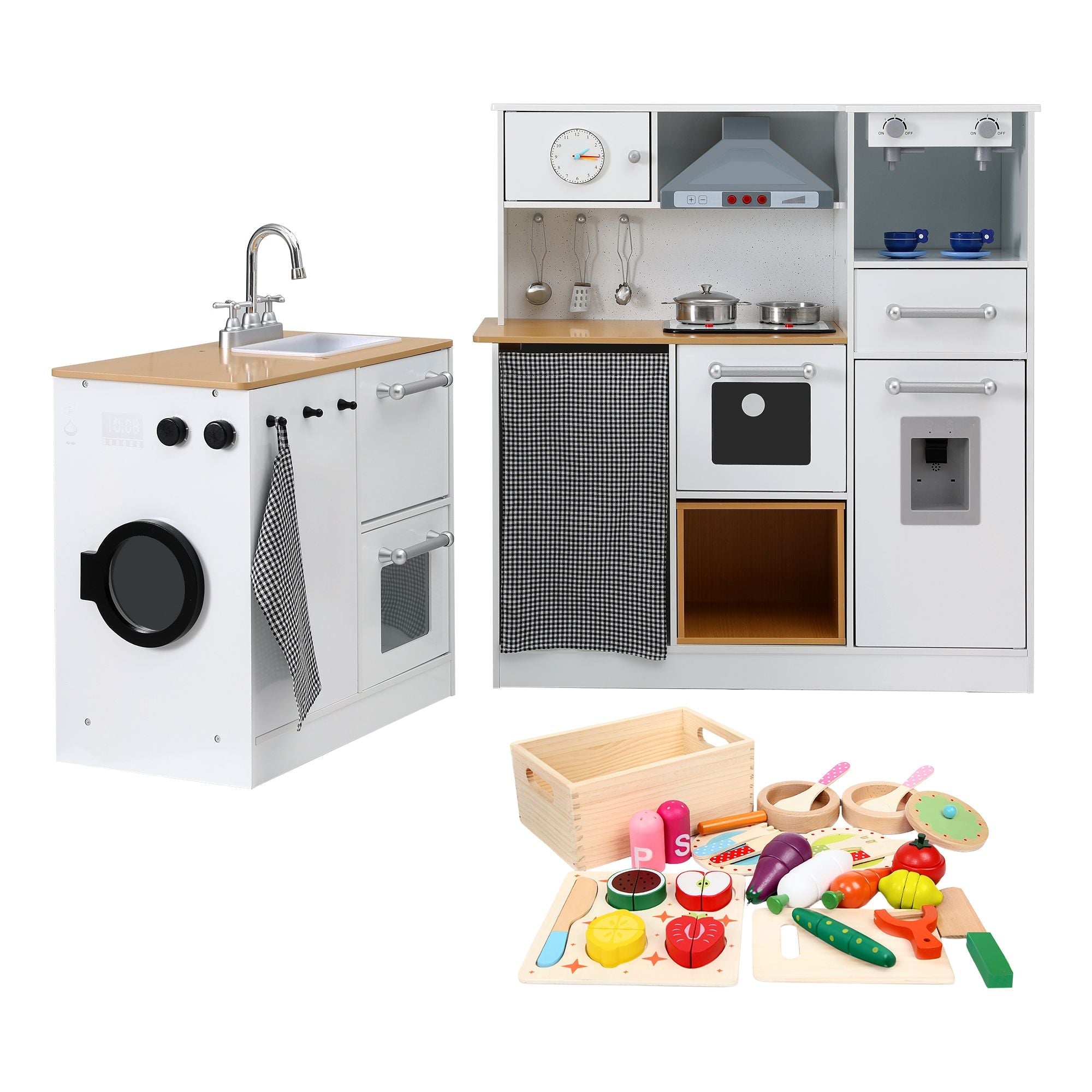 Kids Wooden Kitchen Playset 2-Piece with 29-Piece Food Set - Natural White - Baby & Kids > Baby & Kid's Toys > Pretend Play - Rivercity House & Home Co. (ABN 18 642 972 209) - Affordable Modern Furniture Australia