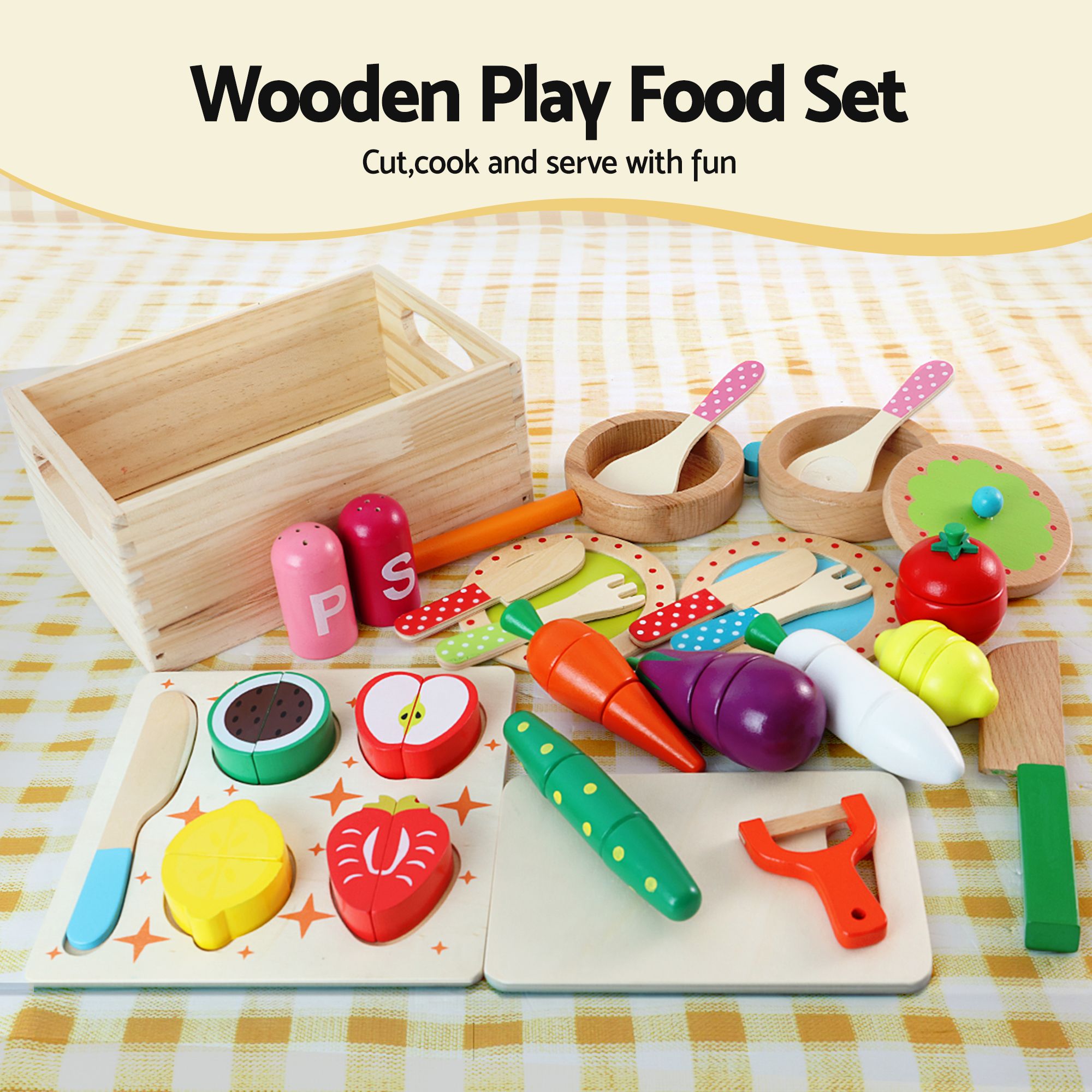Kids Wooden Kitchen Playset 2-Piece with 29-Piece Food Set - Natural White - Baby & Kids > Baby & Kid's Toys > Pretend Play - Rivercity House & Home Co. (ABN 18 642 972 209) - Affordable Modern Furniture Australia