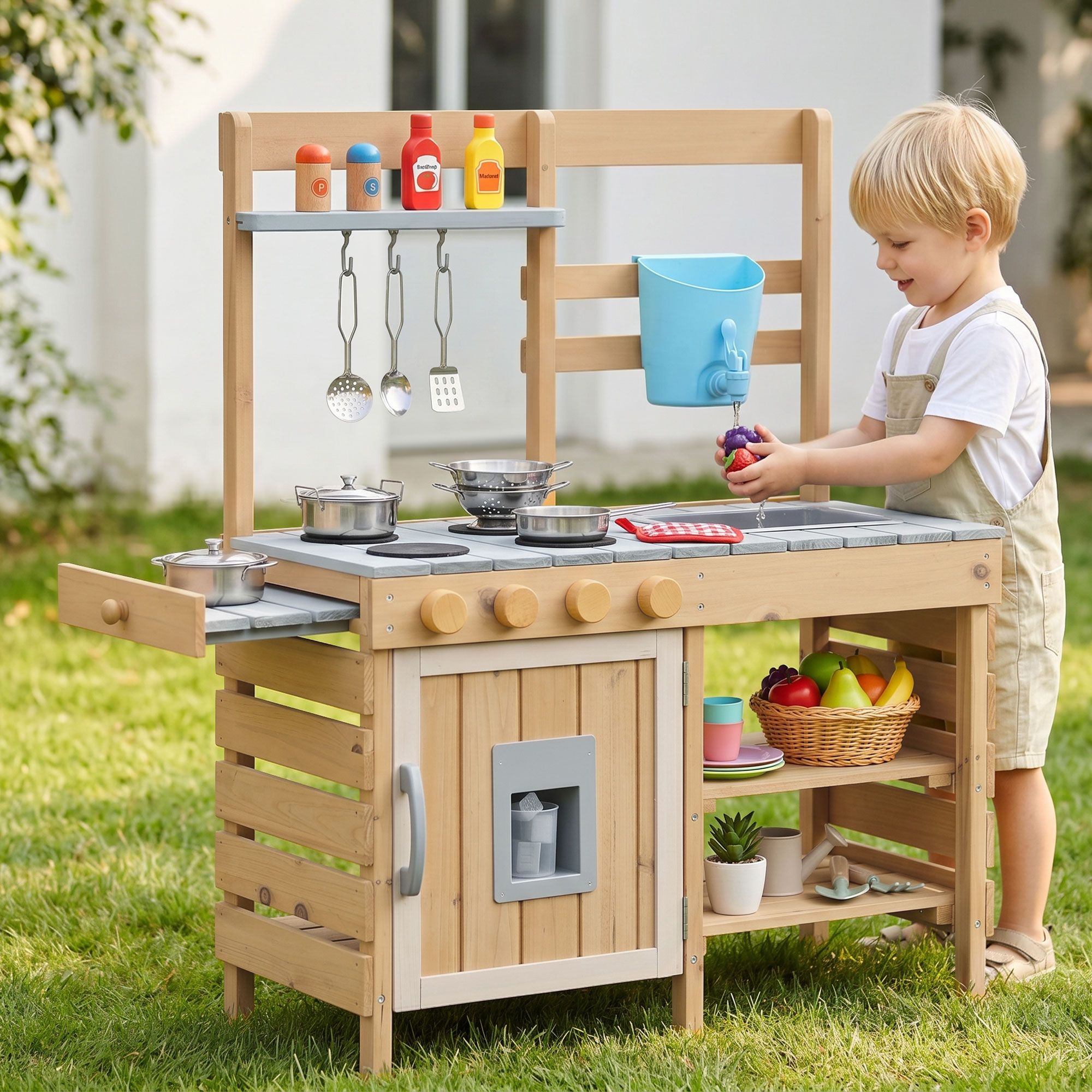 Kids Wooden Kitchen Playset 95cm Tall with Faucet, Basin, Knobs and Storage - Natural Grey Blue - Baby & Kids > Baby & Kid's Toys > Pretend Play - Rivercity House & Home Co. (ABN 18 642 972 209) - Affordable Modern Furniture Australia