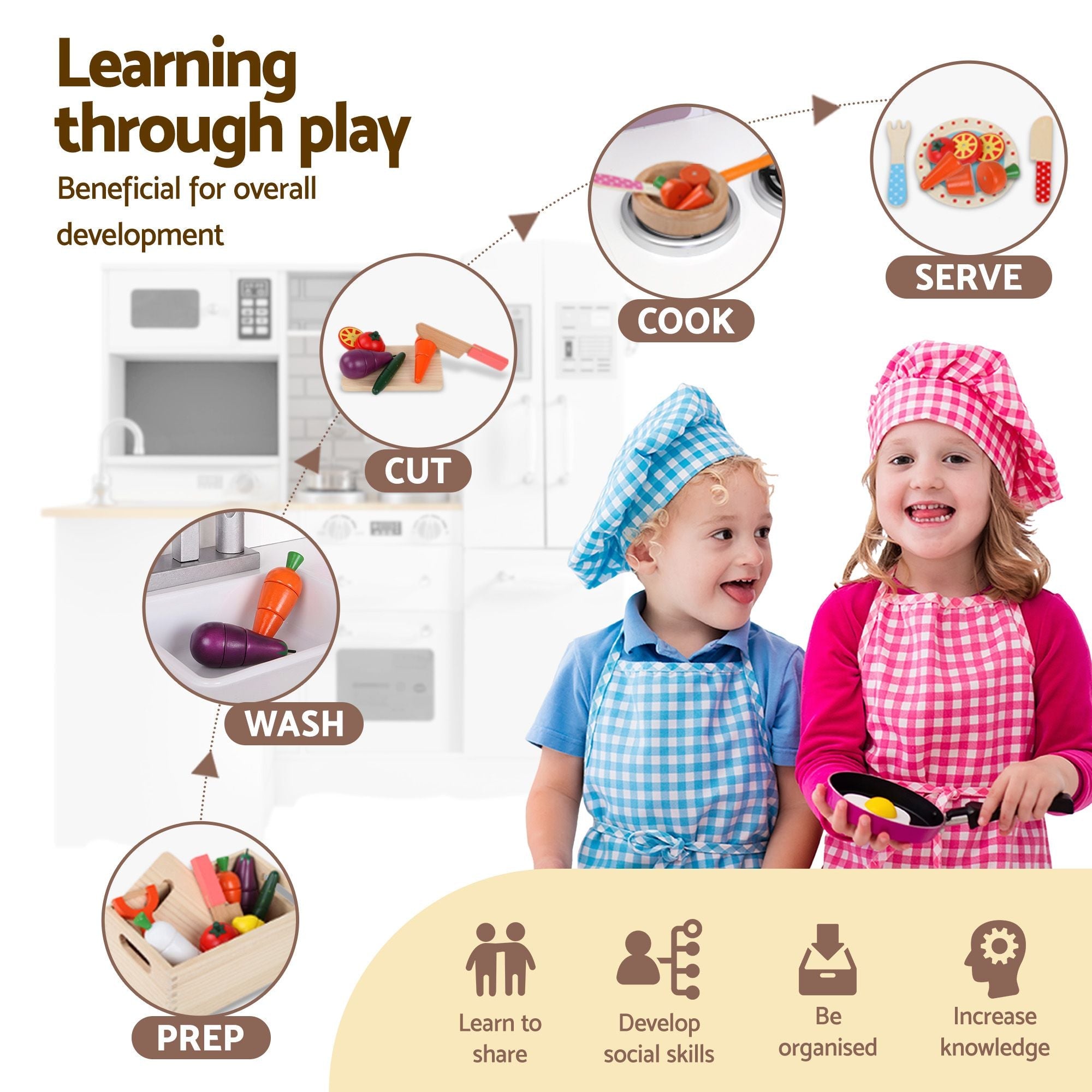 Kids Wooden Toy Kitchen with 29-Piece Wooden Play Food and Cookware Set - White and Natural - Baby & Kids > Baby & Kid's Toys > Pretend Play - Rivercity House & Home Co. (ABN 18 642 972 209) - Affordable Modern Furniture Australia