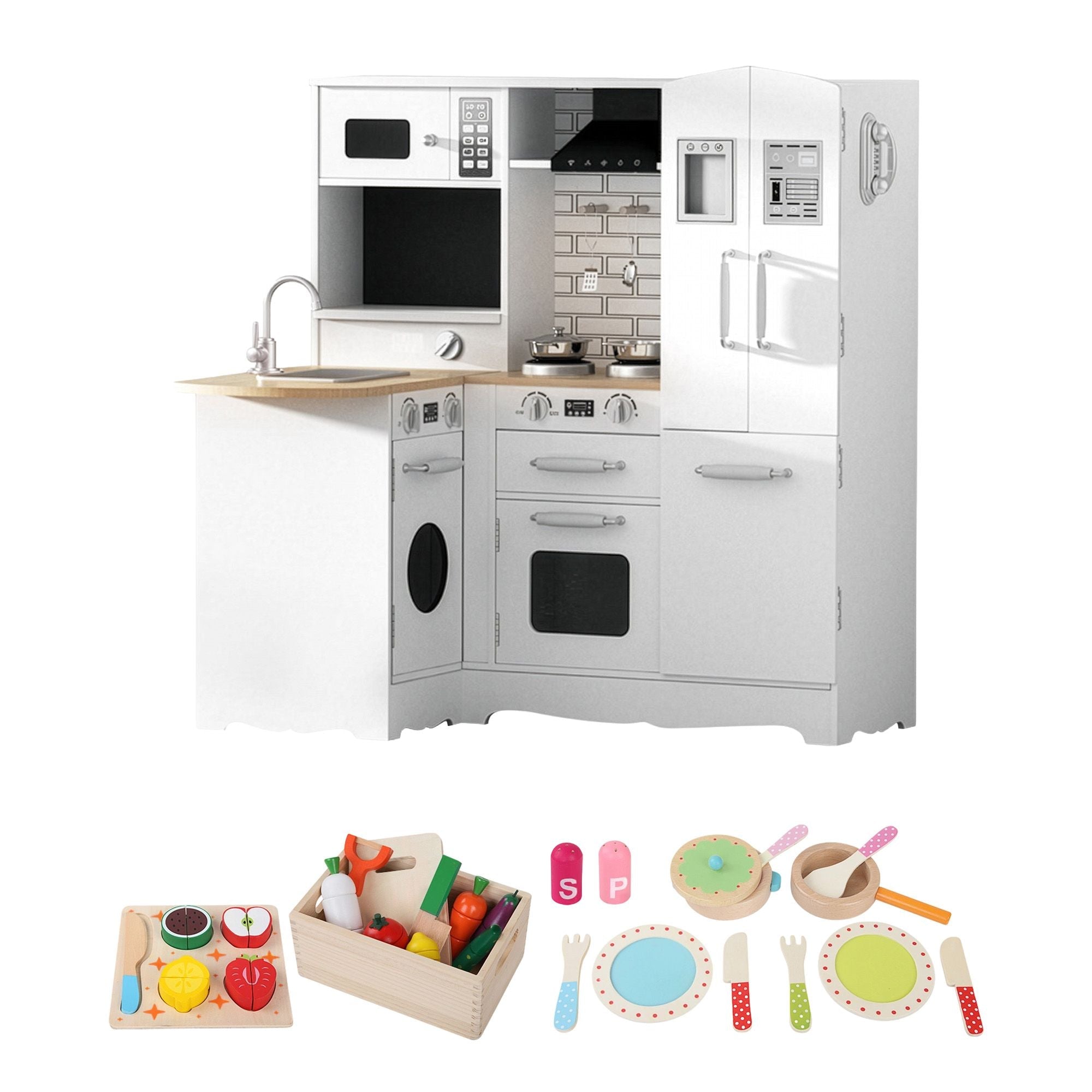 Kids Wooden Toy Kitchen with 29-Piece Wooden Play Food and Cookware Set - White and Natural - Baby & Kids > Baby & Kid's Toys > Pretend Play - Rivercity House & Home Co. (ABN 18 642 972 209) - Affordable Modern Furniture Australia