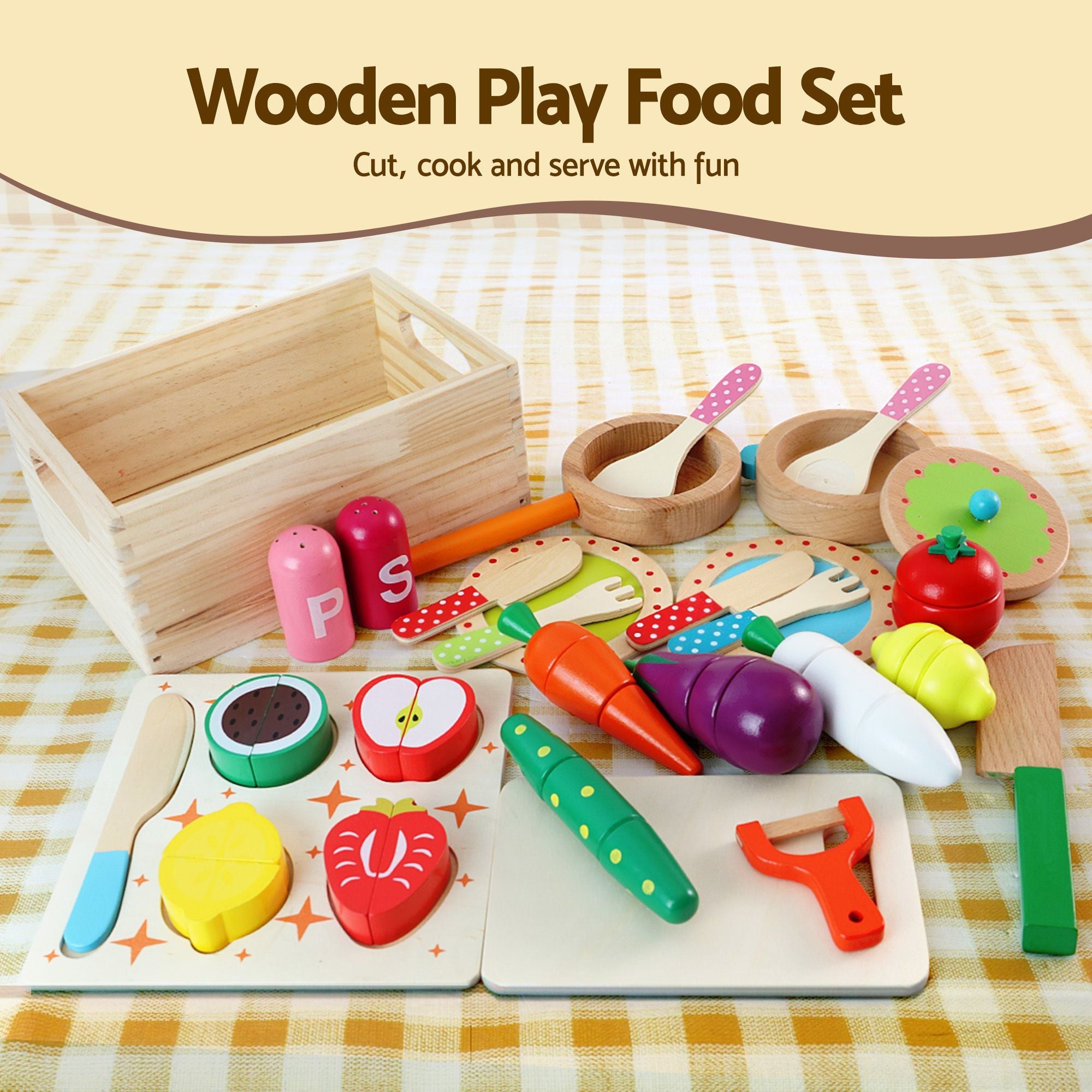 Kids Wooden Toy Kitchen with 29-Piece Wooden Play Food and Cookware Set - White and Natural - Baby & Kids > Baby & Kid's Toys > Pretend Play - Rivercity House & Home Co. (ABN 18 642 972 209) - Affordable Modern Furniture Australia