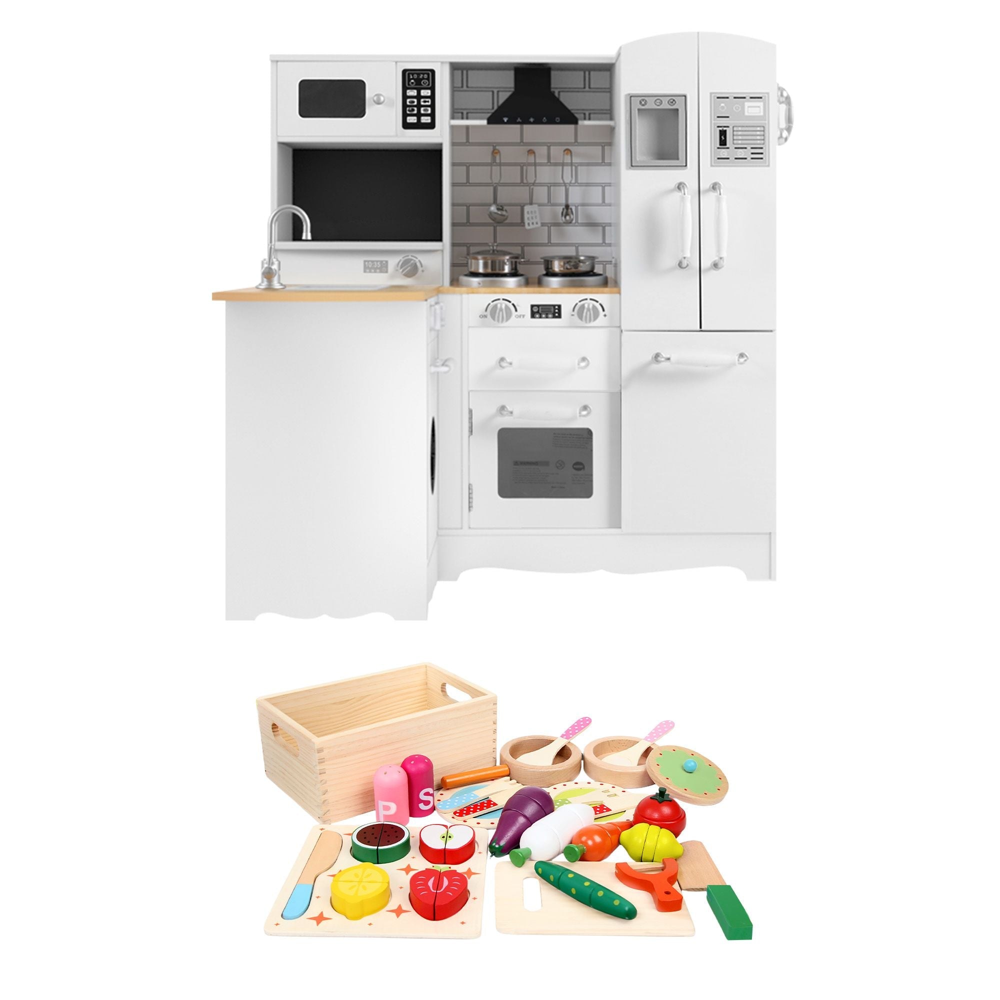 Kids Wooden Toy Kitchen with 29-Piece Wooden Play Food and Cookware Set - White and Natural - Baby & Kids > Baby & Kid's Toys > Pretend Play - Rivercity House & Home Co. (ABN 18 642 972 209) - Affordable Modern Furniture Australia