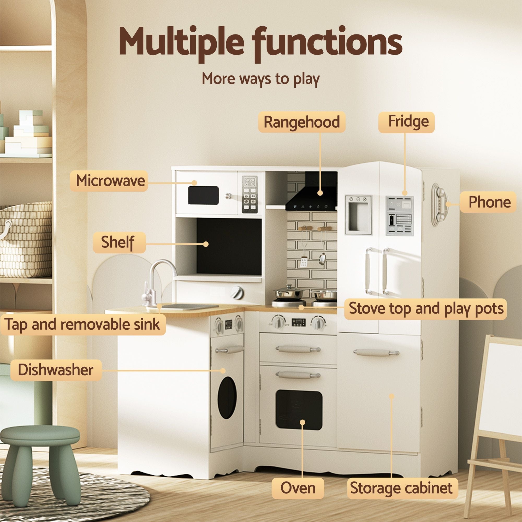 Kids Wooden Toy Kitchen with 29-Piece Wooden Play Food and Cookware Set - White and Natural - Baby & Kids > Baby & Kid's Toys > Pretend Play - Rivercity House & Home Co. (ABN 18 642 972 209) - Affordable Modern Furniture Australia