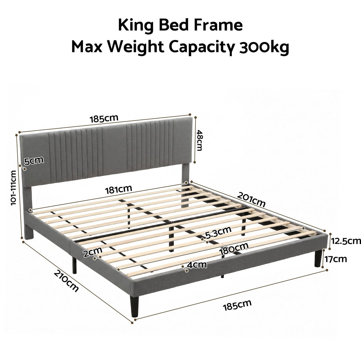 King Adjustable Headboard Bed Frame 300kg Capacity - Grey - Furniture > Bedroom > Beds & Bed Frames - Rivercity House & Home Co. (ABN 18 642 972 209) - Affordable Modern Furniture Australia