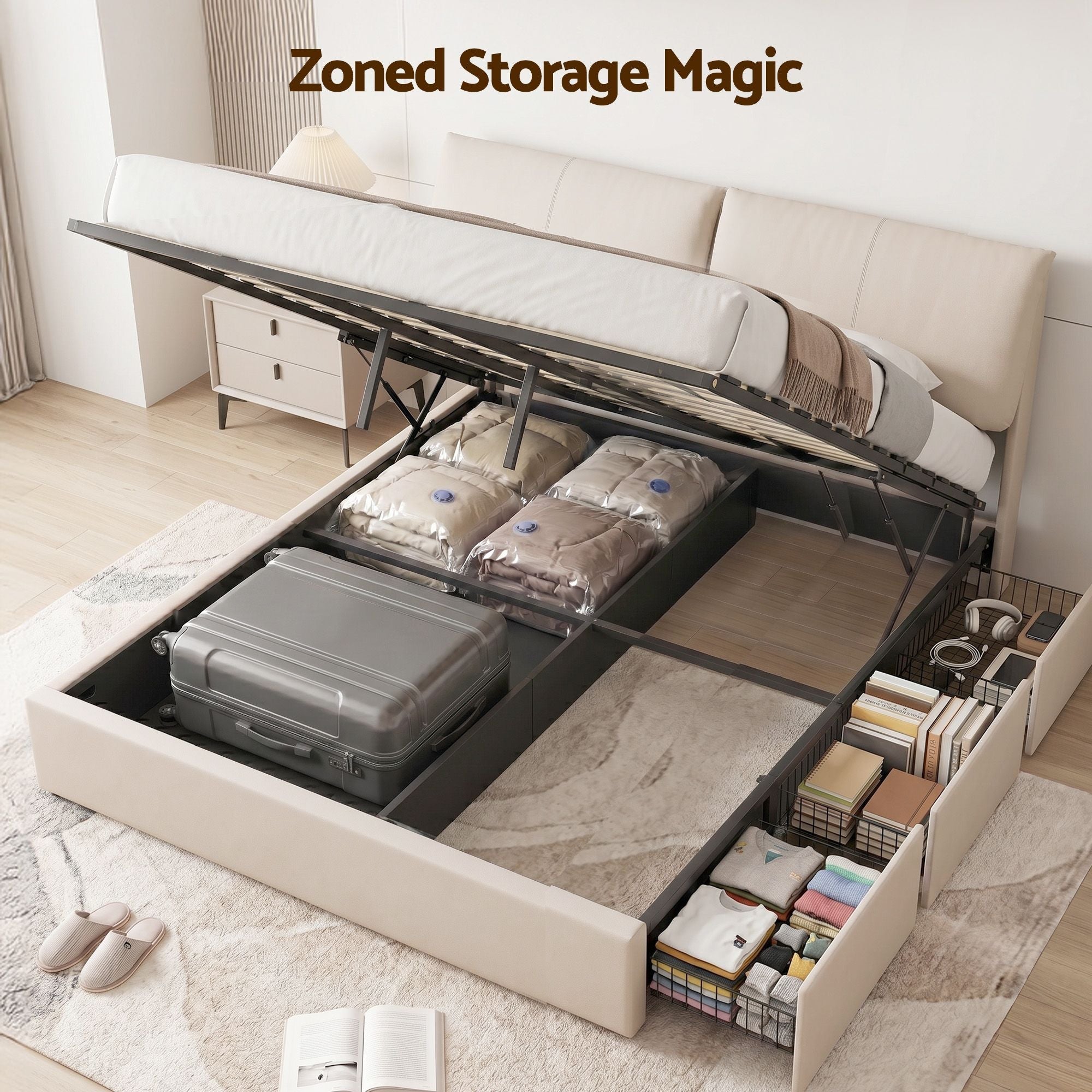 King Bed Frame Gas Lift Storage 3 Drawers Adjustable Headboard Platform Base - Furniture > Bedroom > Beds & Bed Frames - Rivercity House & Home Co. (ABN 18 642 972 209) - Affordable Modern Furniture Australia