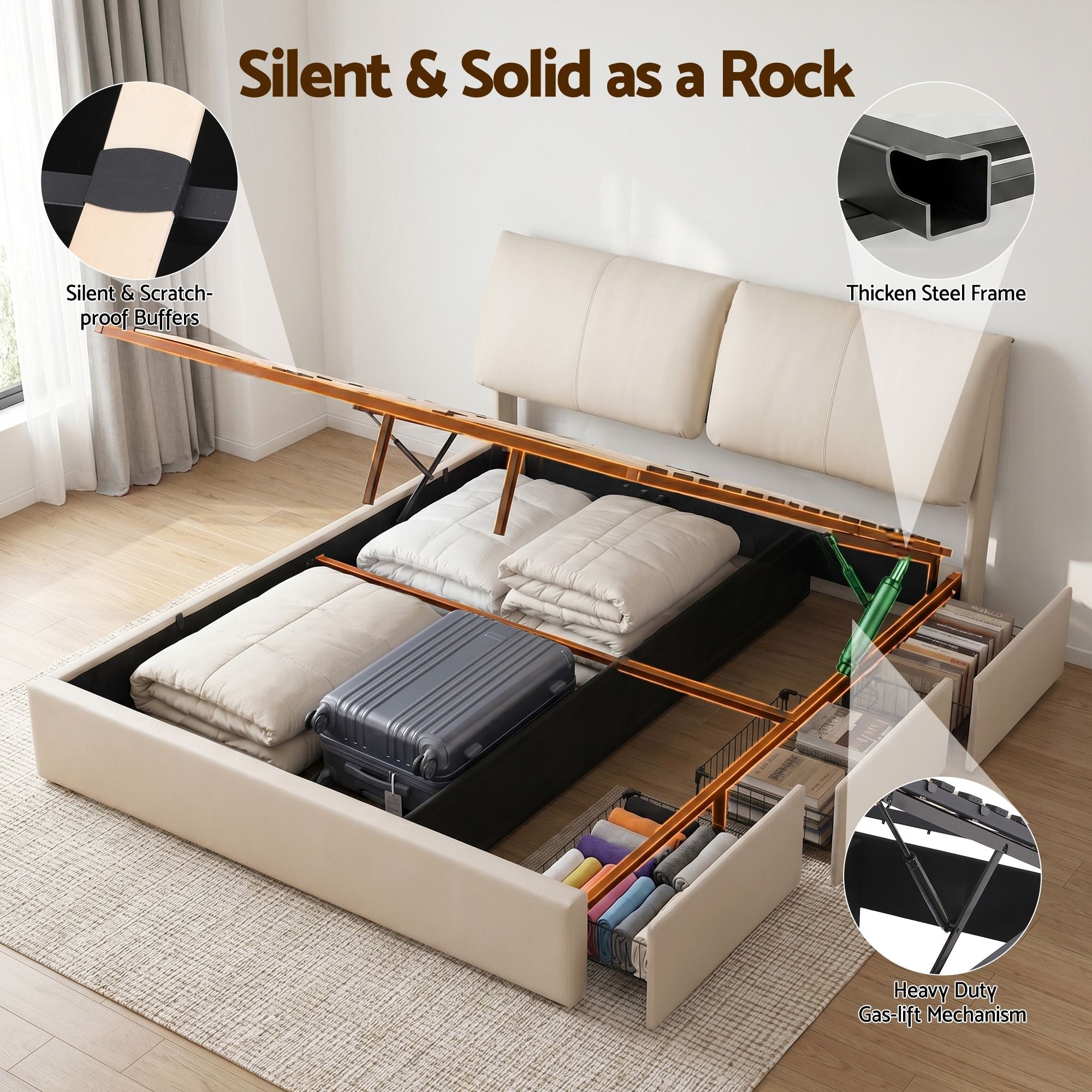 King Bed Frame Gas Lift Storage 3 Drawers Adjustable Headboard Platform Base - Furniture > Bedroom > Beds & Bed Frames - Rivercity House & Home Co. (ABN 18 642 972 209) - Affordable Modern Furniture Australia