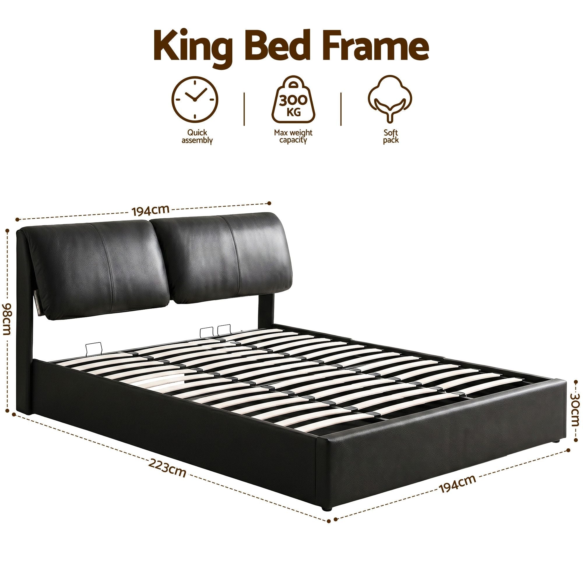King Bed Frame Gas Lift Storage 3 Drawers Adjustable Headboard Platform Bed Black - Furniture > Bedroom > Beds & Bed Frames - Rivercity House & Home Co. (ABN 18 642 972 209) - Affordable Modern Furniture Australia