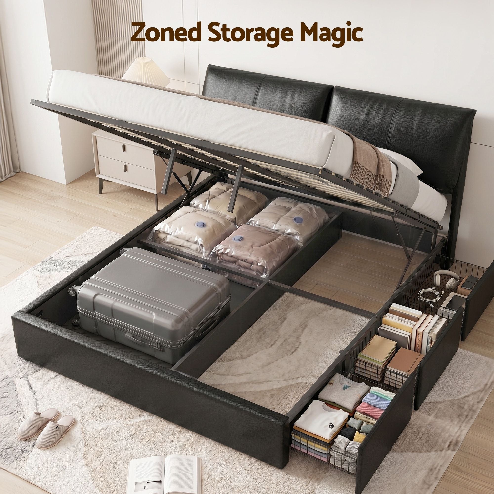King Bed Frame Gas Lift Storage 3 Drawers Adjustable Headboard Platform Bed Black - Furniture > Bedroom > Beds & Bed Frames - Rivercity House & Home Co. (ABN 18 642 972 209) - Affordable Modern Furniture Australia
