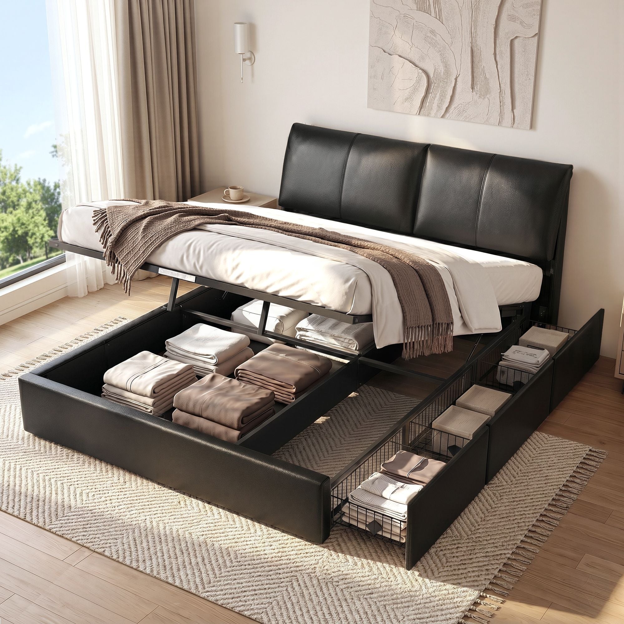 King Bed Frame Gas Lift Storage 3 Drawers Adjustable Headboard Platform Bed Black - Furniture > Bedroom > Beds & Bed Frames - Rivercity House & Home Co. (ABN 18 642 972 209) - Affordable Modern Furniture Australia