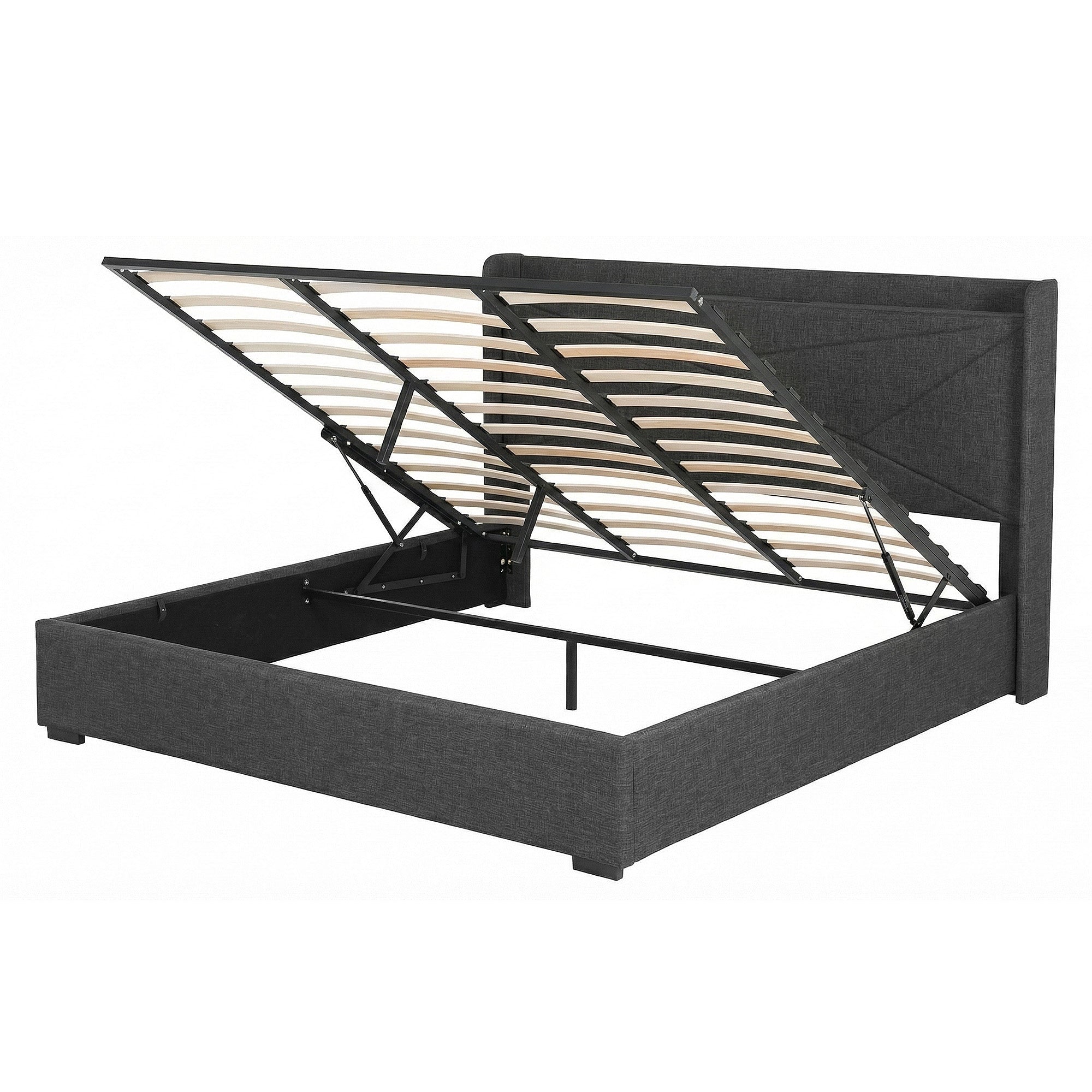 King Bed Frame Gas Lift Storage Bed with Charging Ports Upholstered Geometric Headboard Charcoal Grey - Furniture > Bedroom > Beds & Bed Frames - Rivercity House & Home Co. (ABN 18 642 972 209) - Affordable Modern Furniture Australia