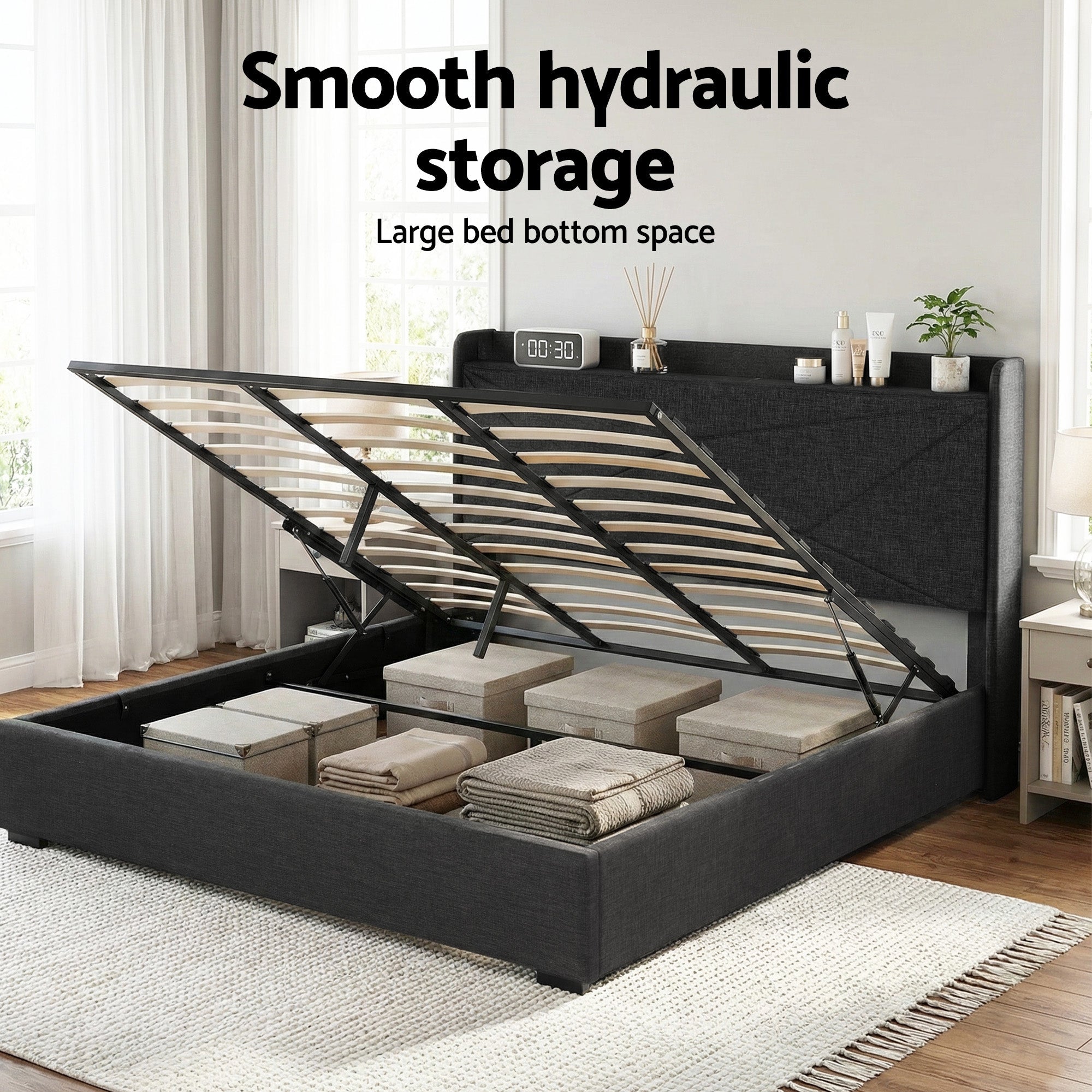 King Bed Frame Gas Lift Storage Bed with Charging Ports Upholstered Geometric Headboard Charcoal Grey - Furniture > Bedroom > Beds & Bed Frames - Rivercity House & Home Co. (ABN 18 642 972 209) - Affordable Modern Furniture Australia