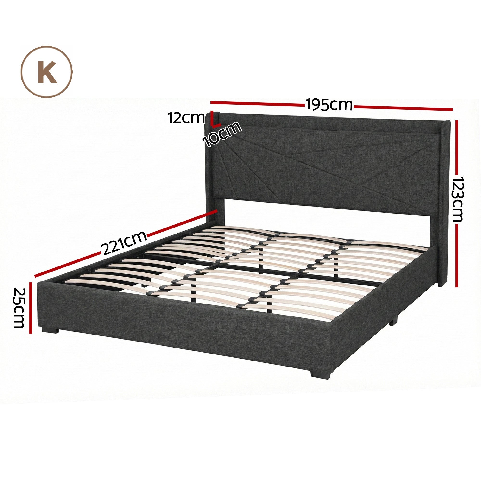 King Bed Frame Gas Lift Storage Bed with Charging Ports Upholstered Geometric Headboard Charcoal Grey - Furniture > Bedroom > Beds & Bed Frames - Rivercity House & Home Co. (ABN 18 642 972 209) - Affordable Modern Furniture Australia